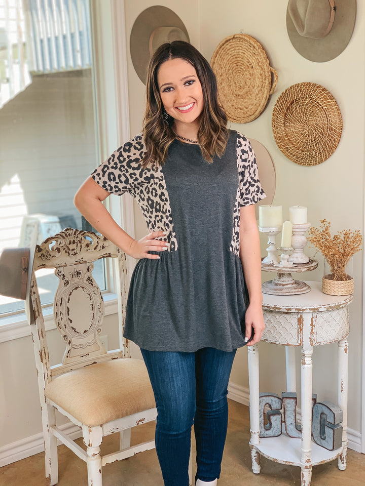 Flirtatious Heart Leopard Side Babydoll top in Grey - Giddy Up Glamour Boutique