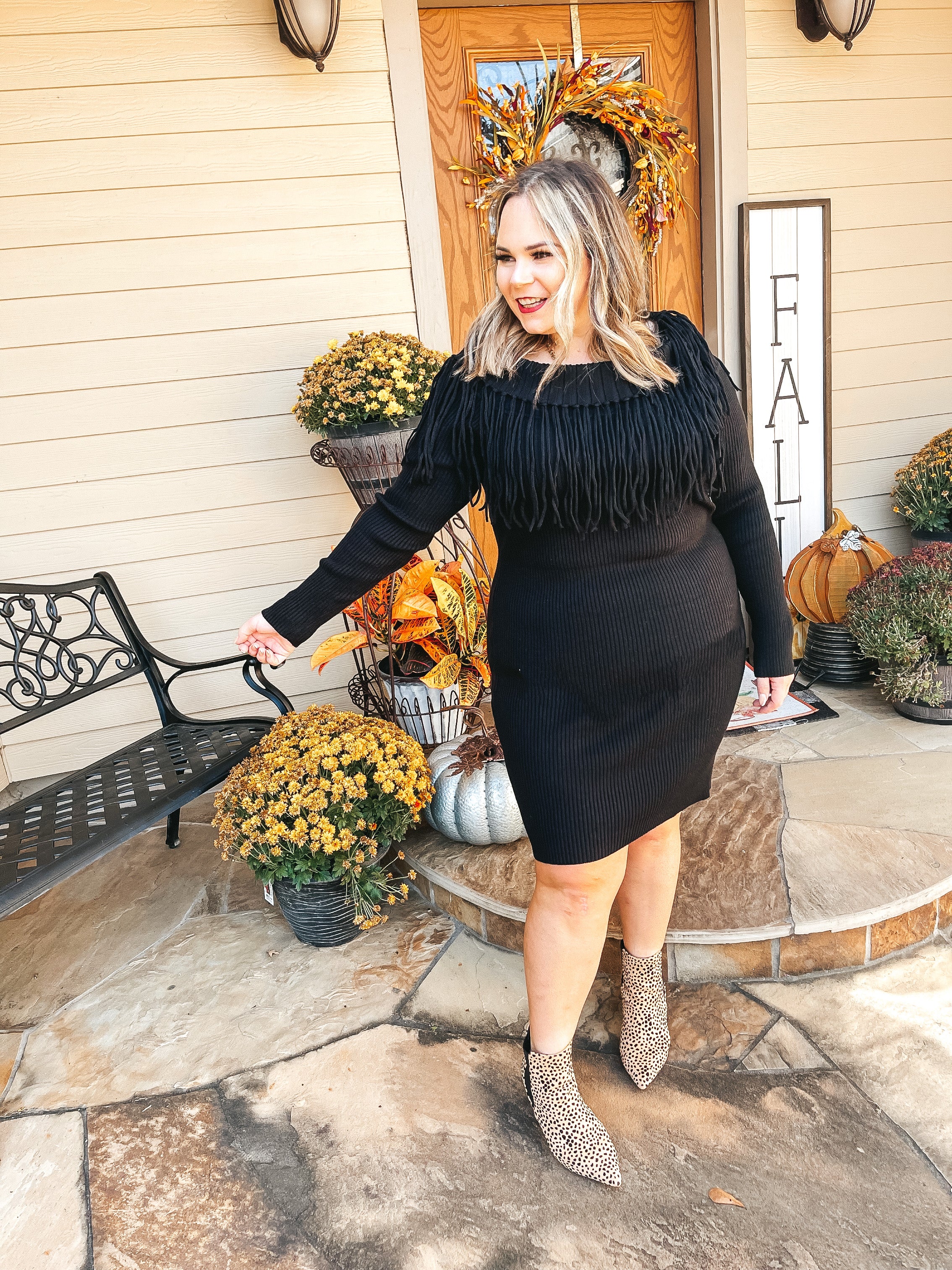 Last Chance Size Medium | A Night in Vail Fringe Fitted Sweater Dress in Black - Giddy Up Glamour Boutique