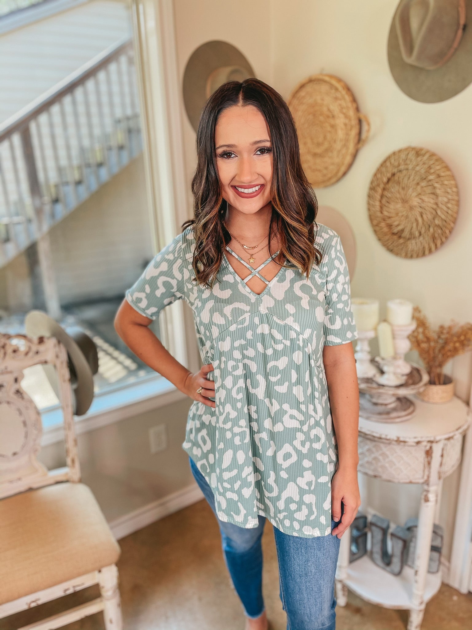 Hello Honey Leopard Print Criss Cross Babydoll Top in Mint - Giddy Up Glamour Boutique