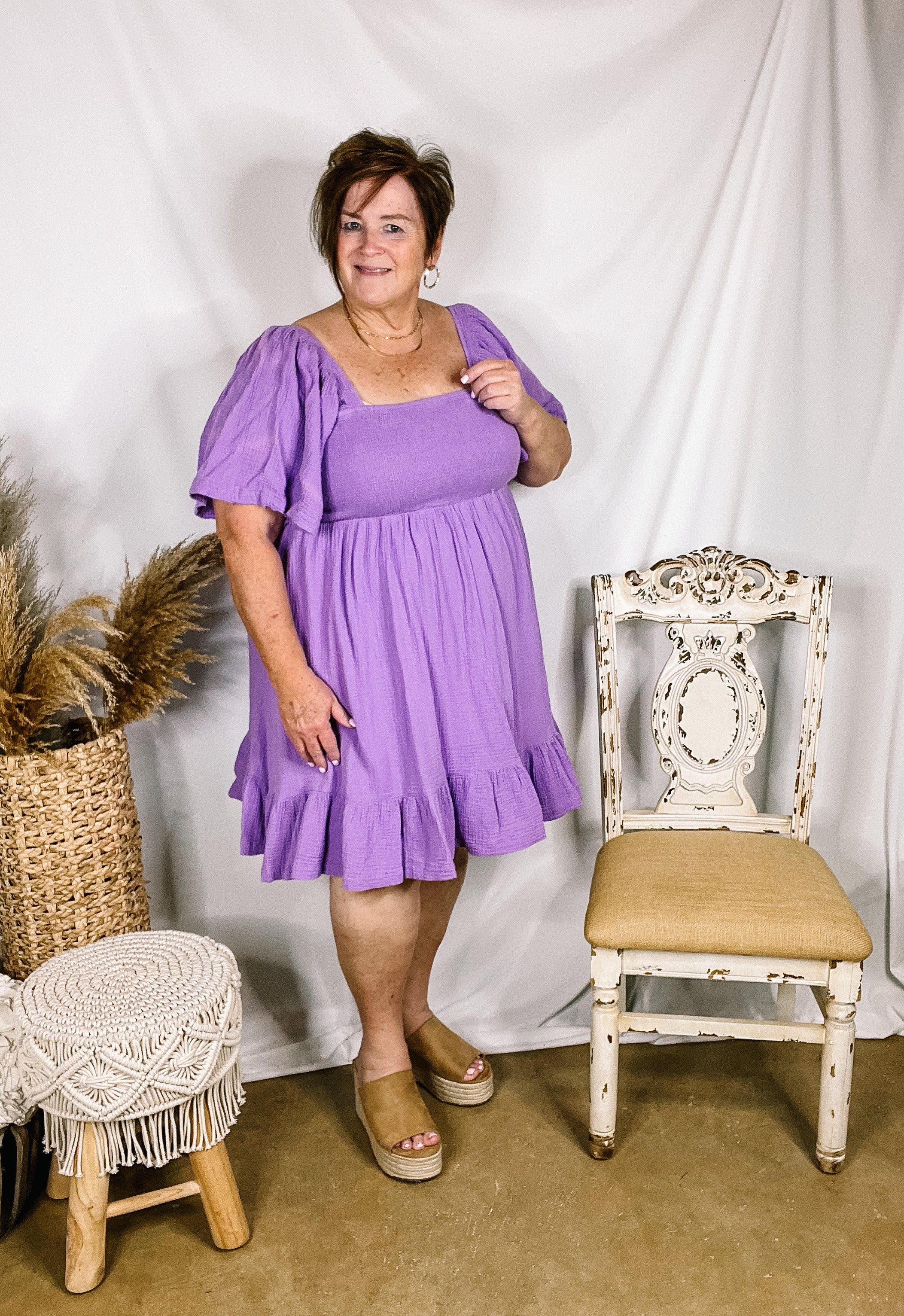 Sugary Sweet Smocked Bodice Dress with Ruffle Hem in Lavender Purple - Giddy Up Glamour Boutique