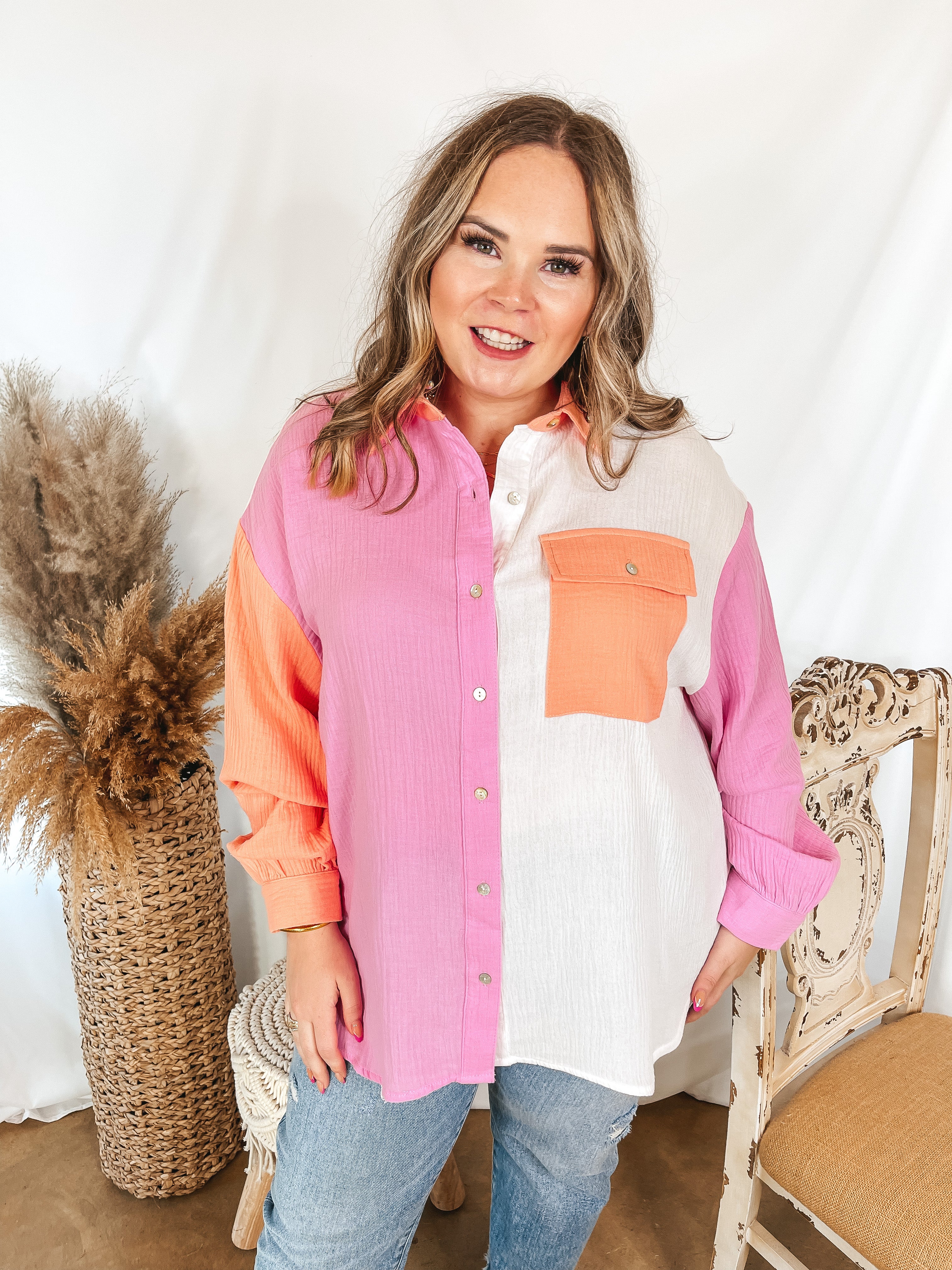 Highly Requested Button Up Color Block Top in Pink and Orange - Giddy Up Glamour Boutique