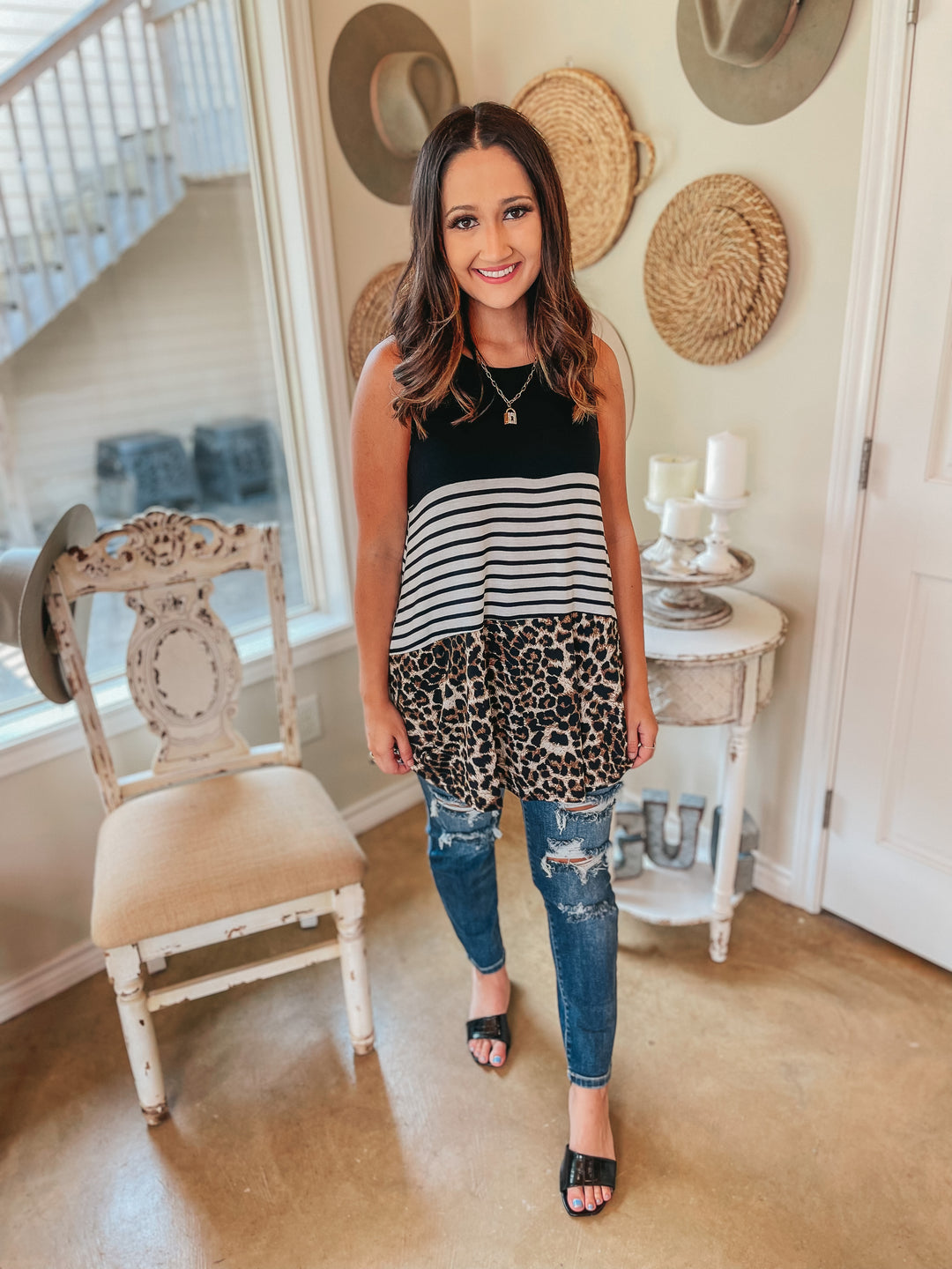 Treasured Love Striped and Leopard Print Block Tank Top in Black - Giddy Up Glamour Boutique