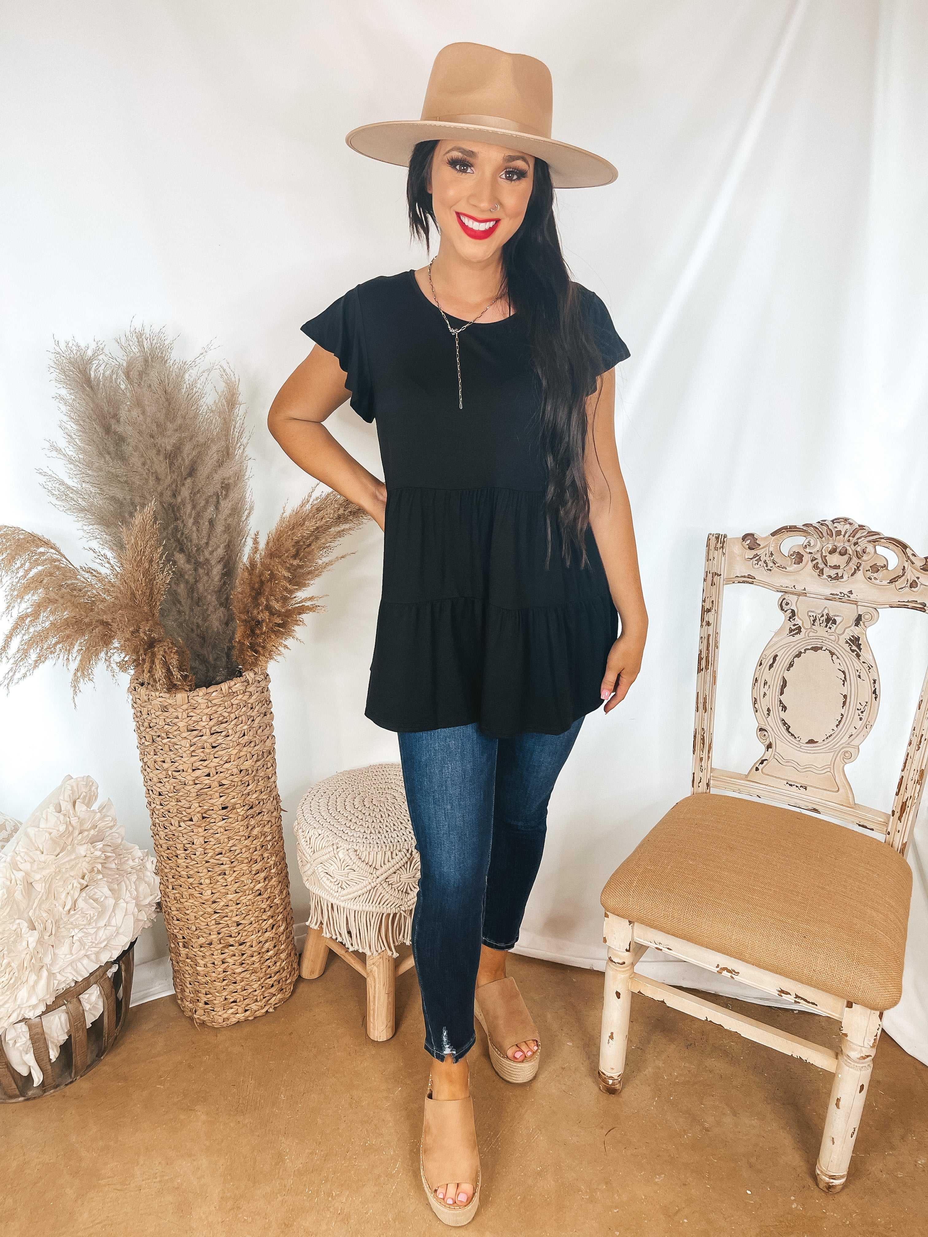 Treat it Right Three Tiered Babydoll Top with Ruffle Cap Sleeves in Black - Giddy Up Glamour Boutique