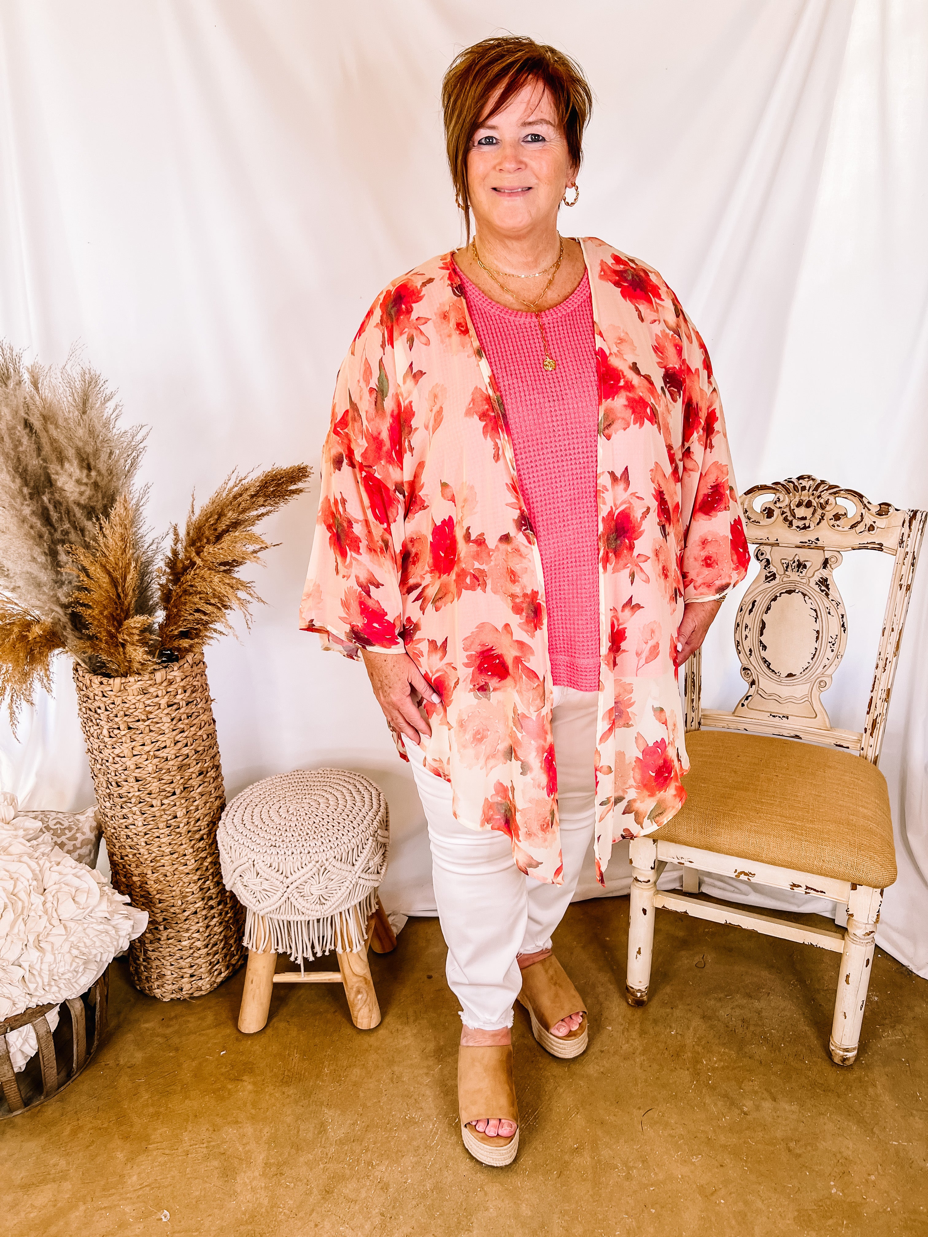 Cabana Hour Open Front Floral Kimono in Ivory and Pink - Giddy Up Glamour Boutique