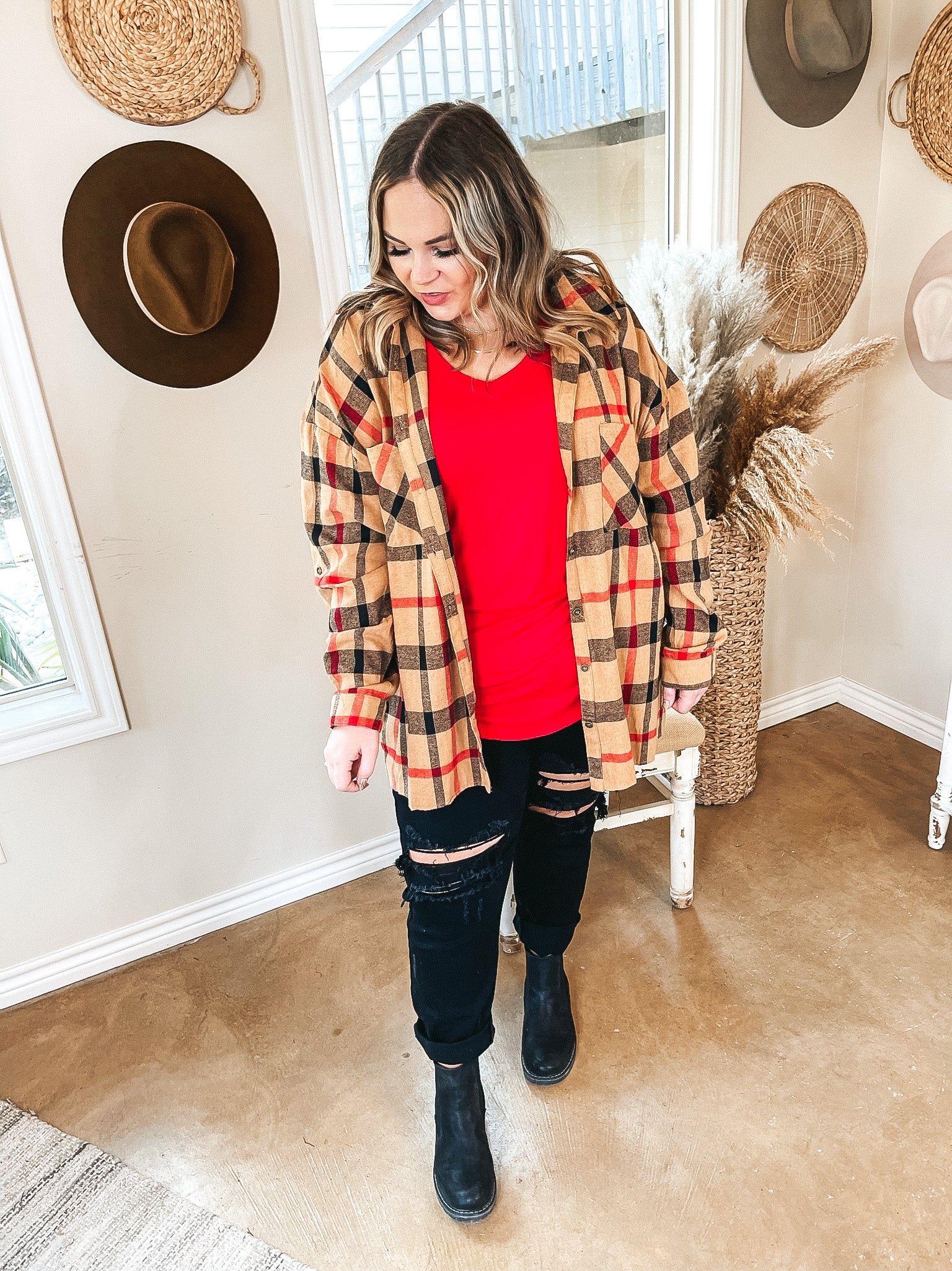 Cabinside Sips Button Up Plaid Top in Camel Brown - Giddy Up Glamour Boutique