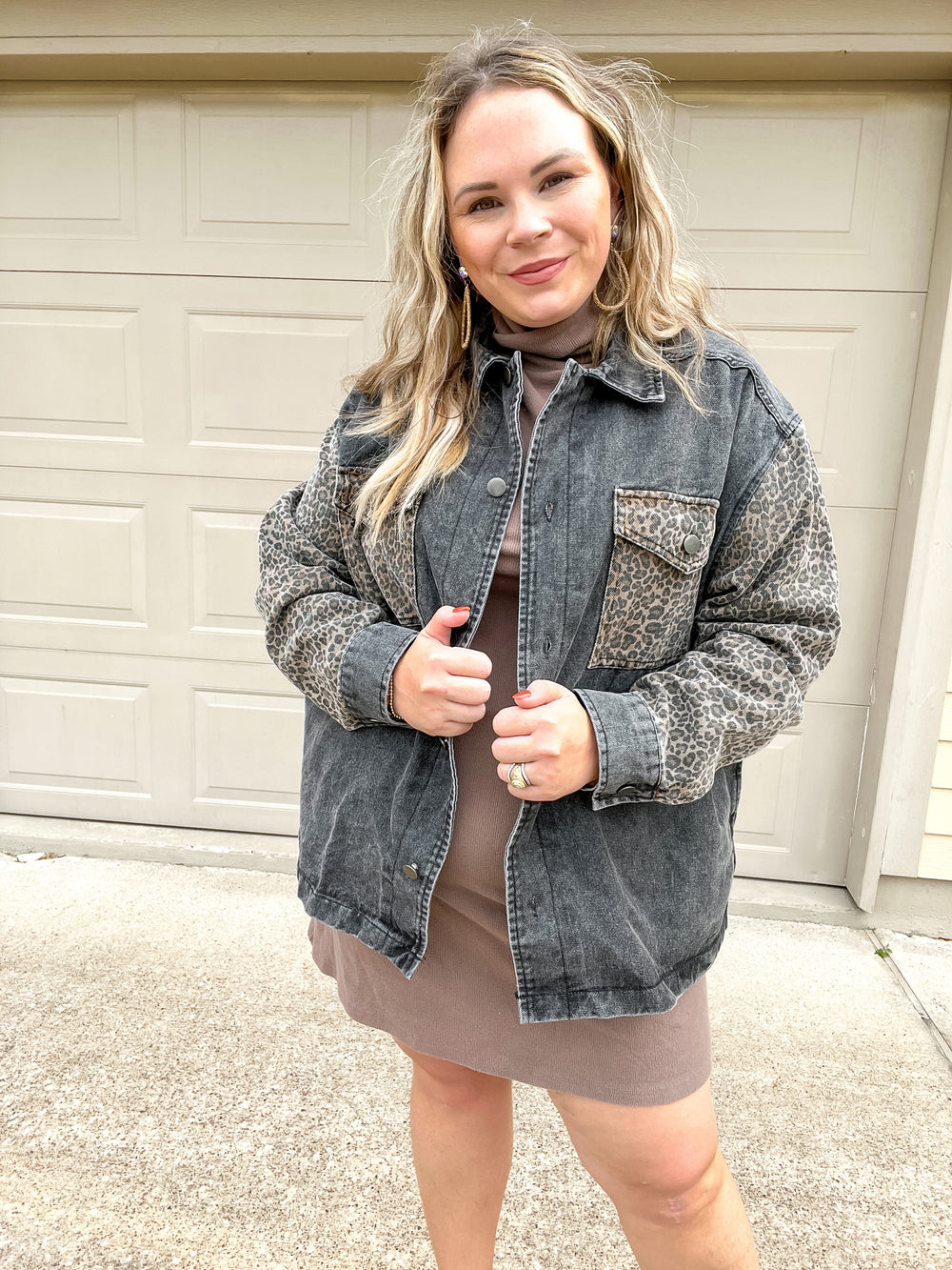Blogger Poses Leopard Print Block Button Up Jacket in Black - Giddy Up Glamour Boutique