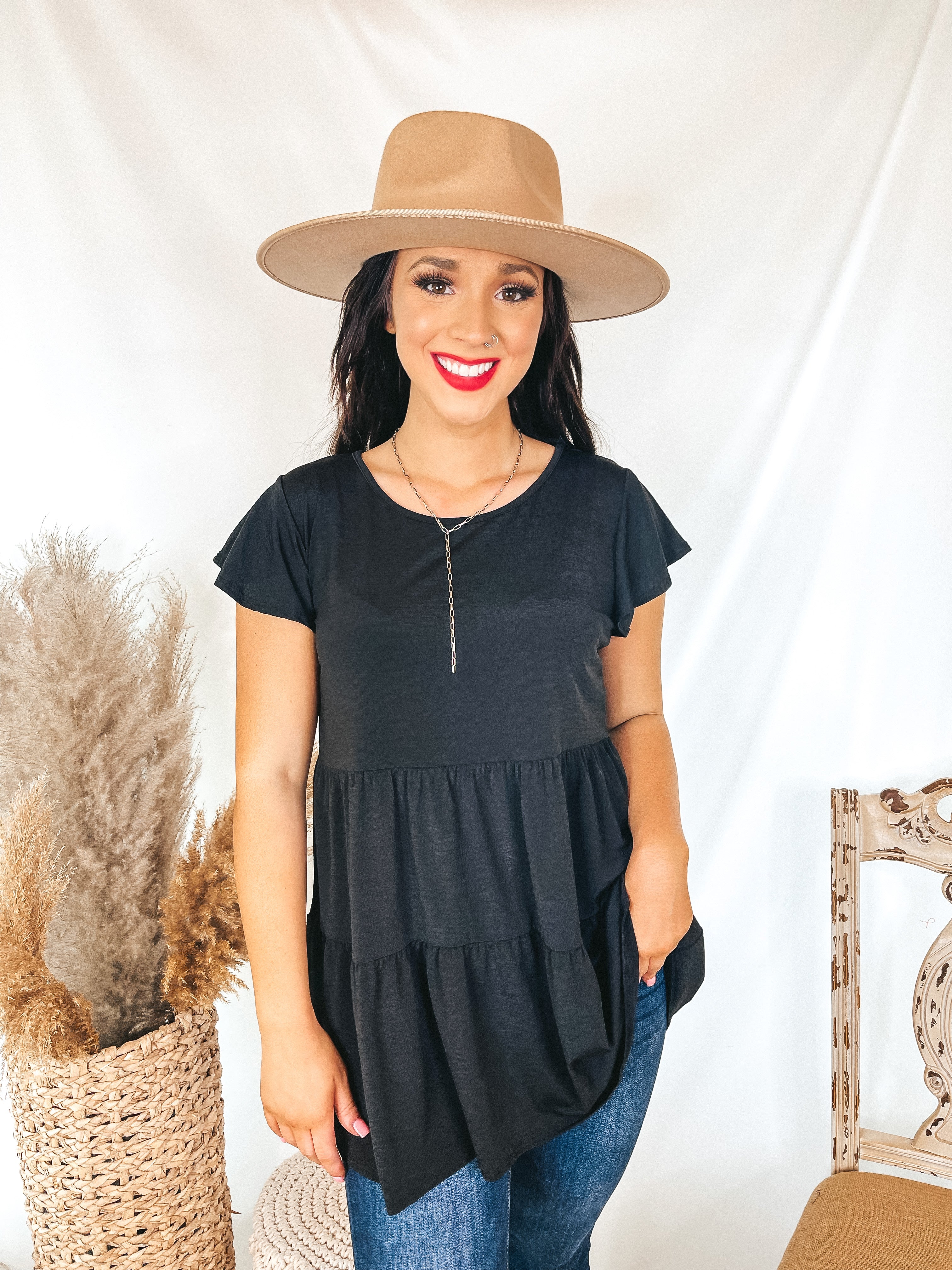 Treat it Right Three Tiered Bulgari Babydoll Top with Ruffle Cap Sleeves in Black - Giddy Up Glamour Boutique