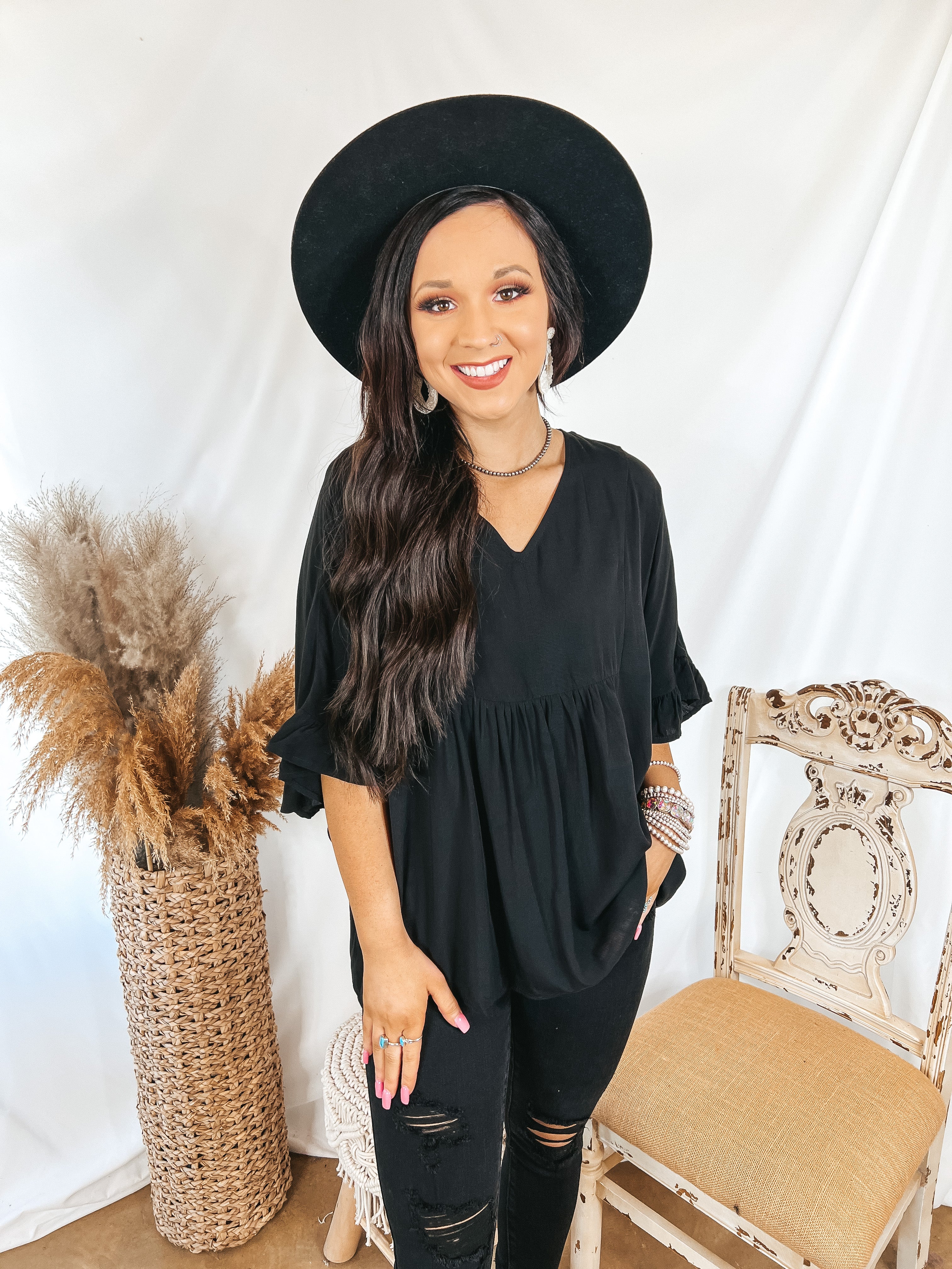 Blissful Moments Ruffle Sleeve V Neck Blouse in Black - Giddy Up Glamour Boutique