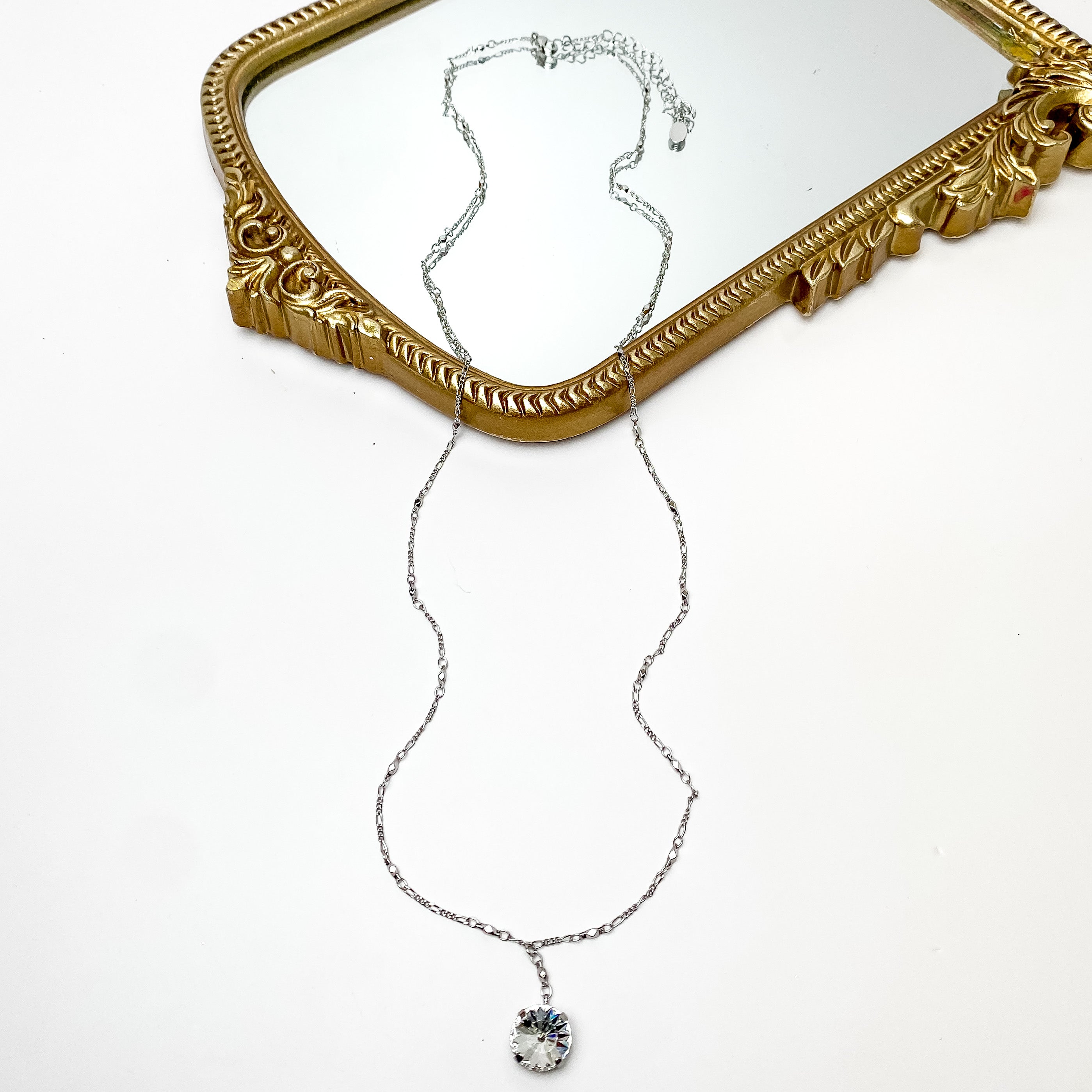 Sorrelli | Nadine Long Crystal Pendant Necklace in Palladium Silver Tone and Clear - Giddy Up Glamour Boutique
