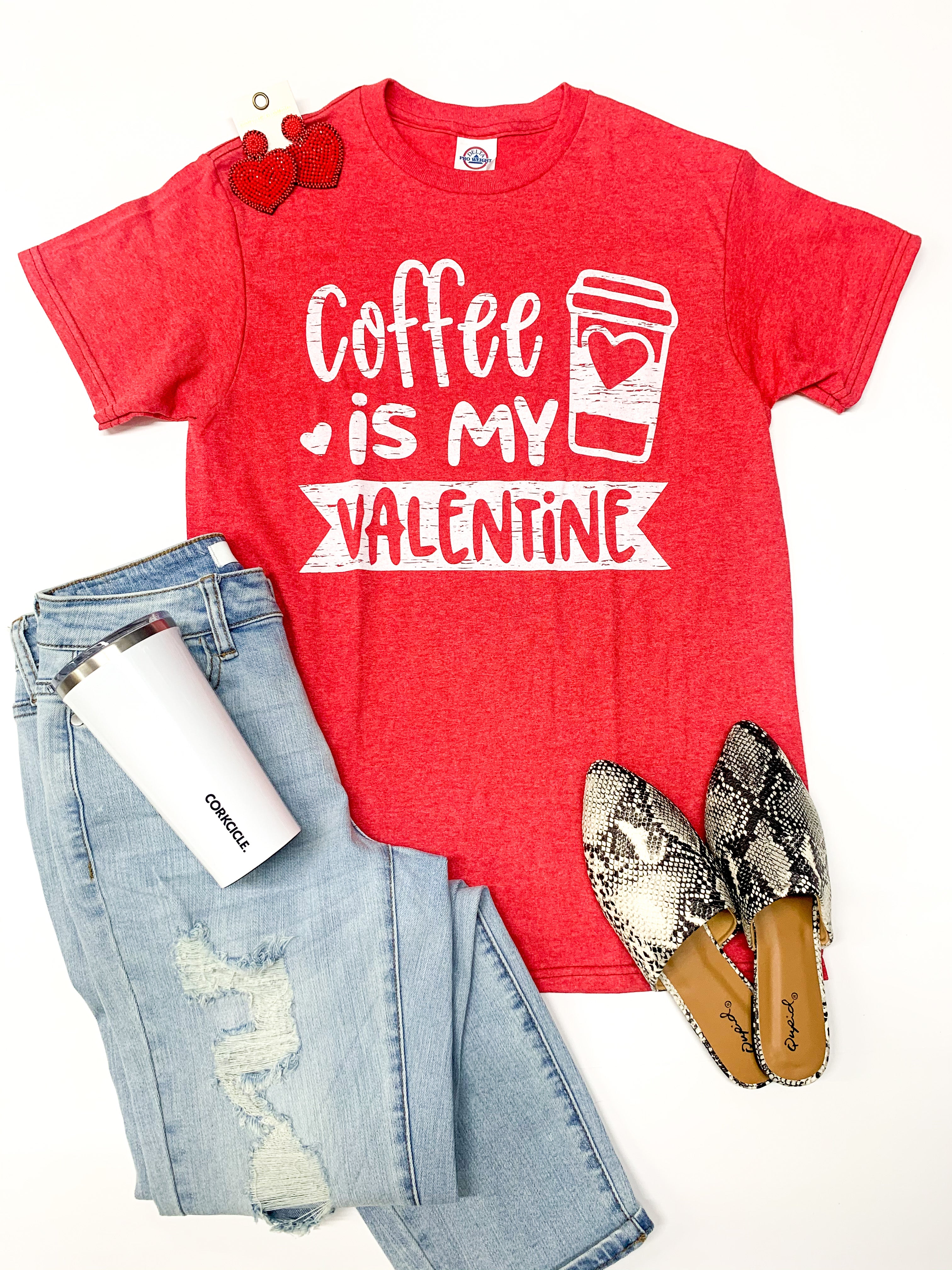 Coffee is My Valentine Short Sleeve Graphic Tee in Heather Red - Giddy Up Glamour Boutique