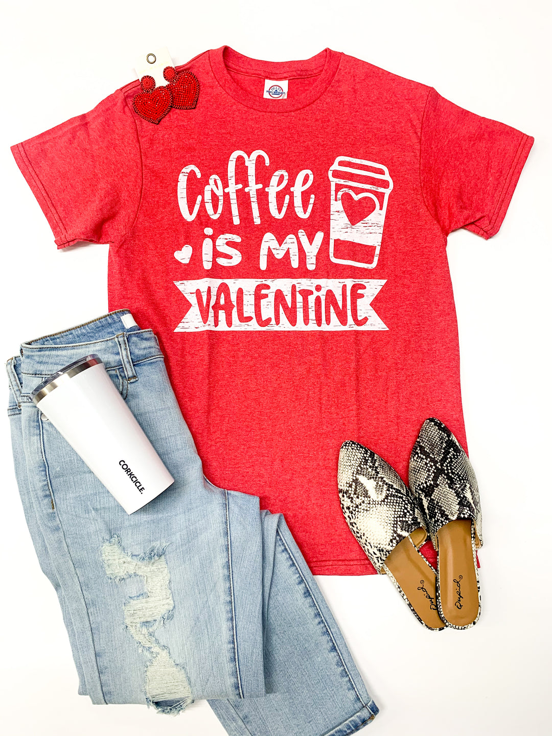 Coffee is My Valentine Short Sleeve Graphic Tee in Heather Red - Giddy Up Glamour Boutique