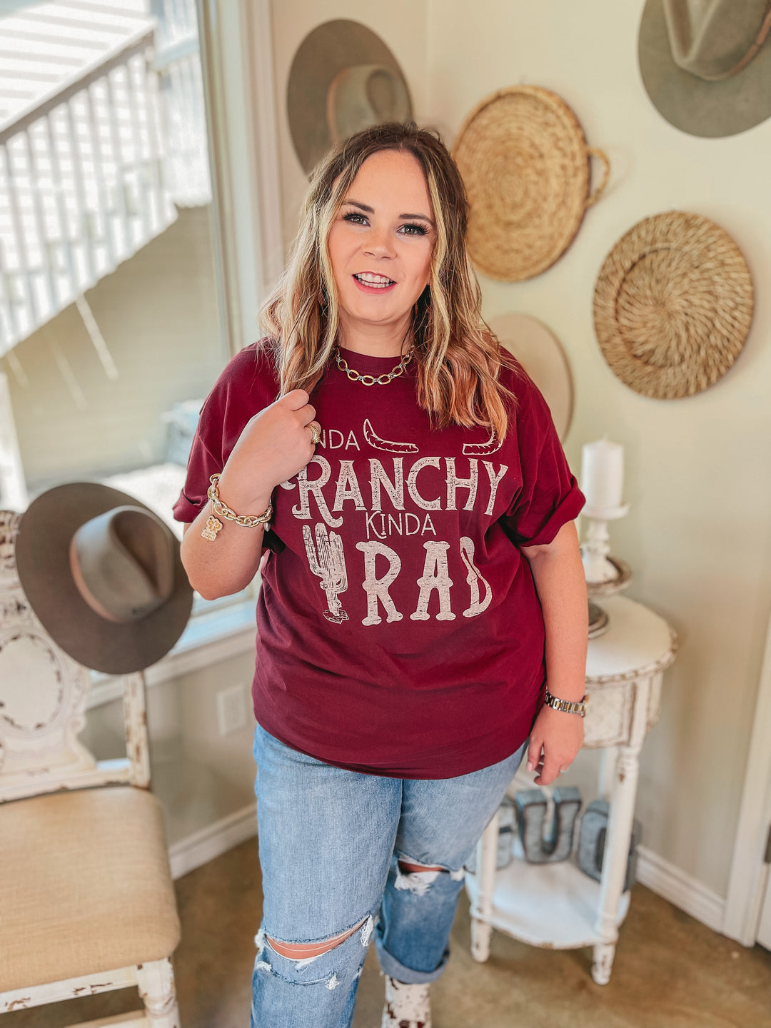 Kinda Ranchy Kinda Rad Short Sleeve Graphic Tee in Maroon - Giddy Up Glamour Boutique