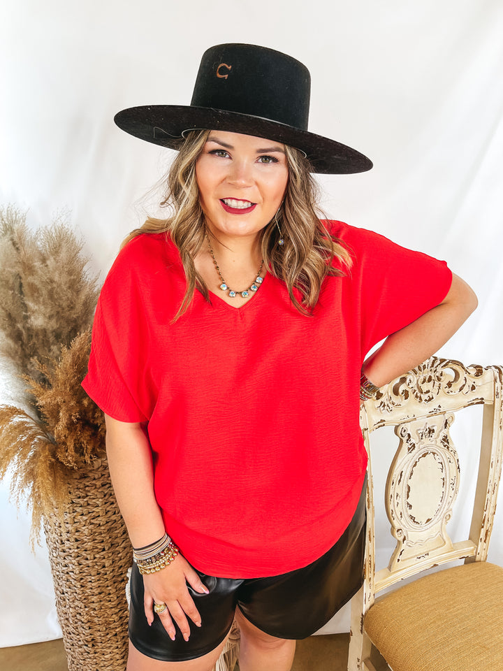 Lovely Dear V Neck Short Sleeve Solid Top in Red - Giddy Up Glamour Boutique