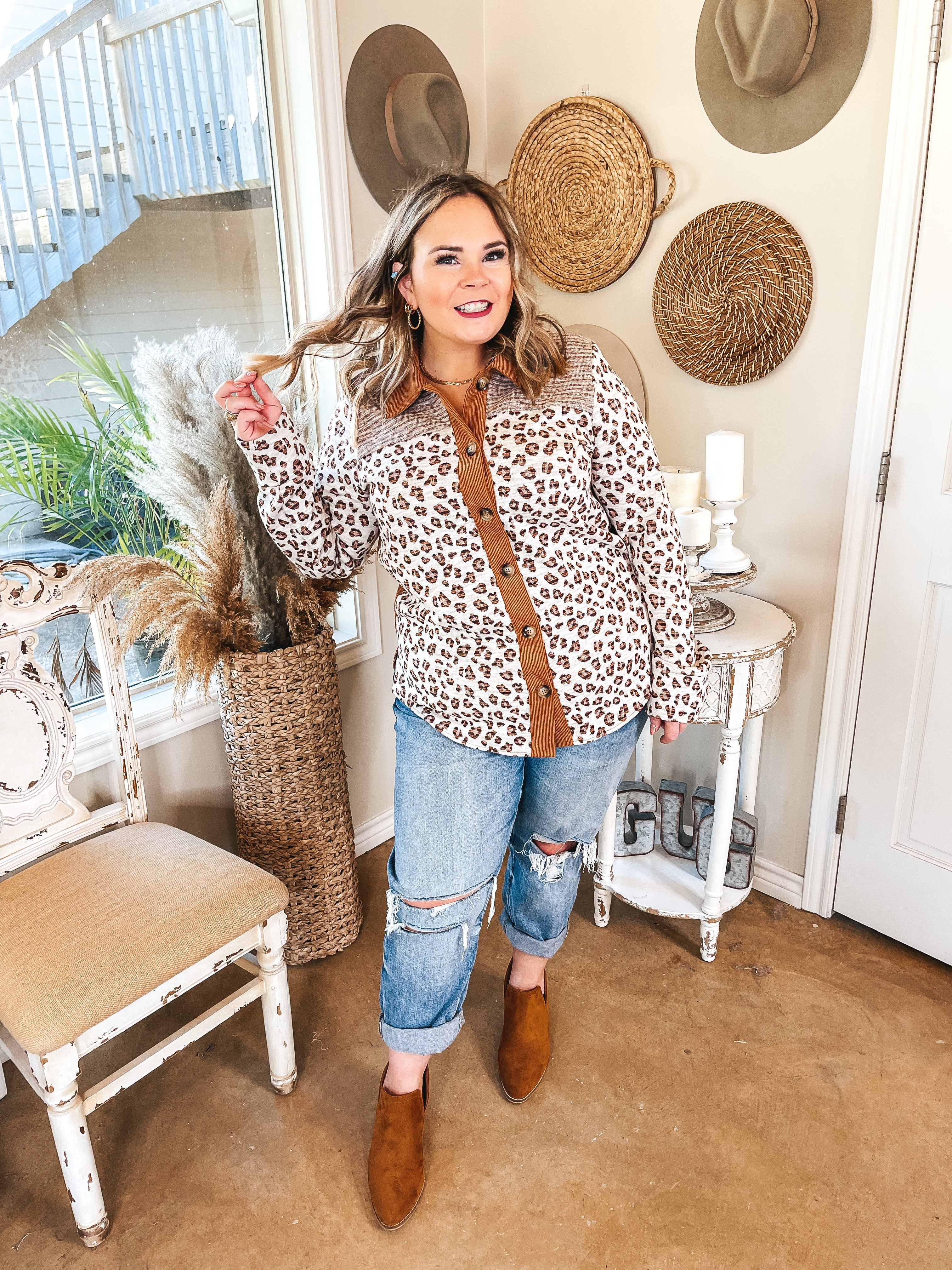 Good Attitude Leopard Button Up Collared Top in Ivory - Giddy Up Glamour Boutique