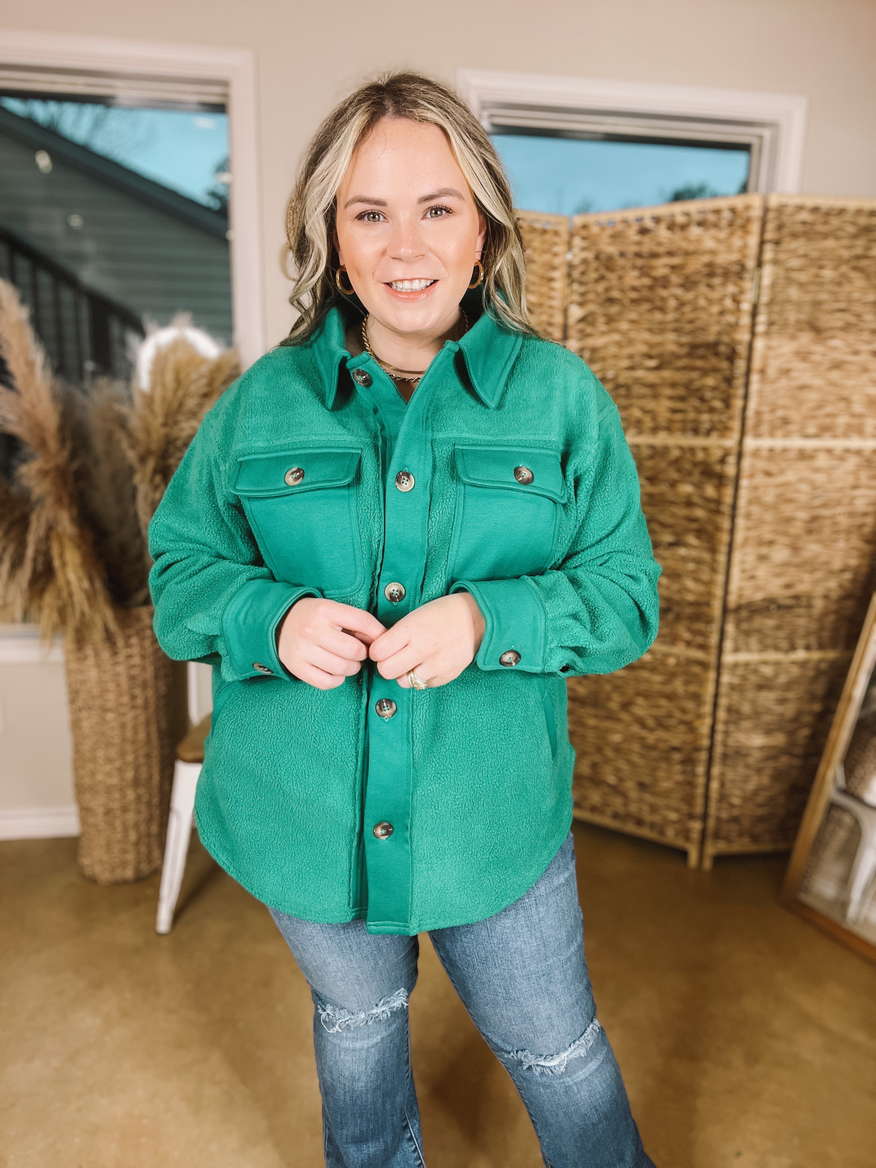 Hollywood Hike Button Up Fleece Jacket with Pockets in Green - Giddy Up Glamour Boutique