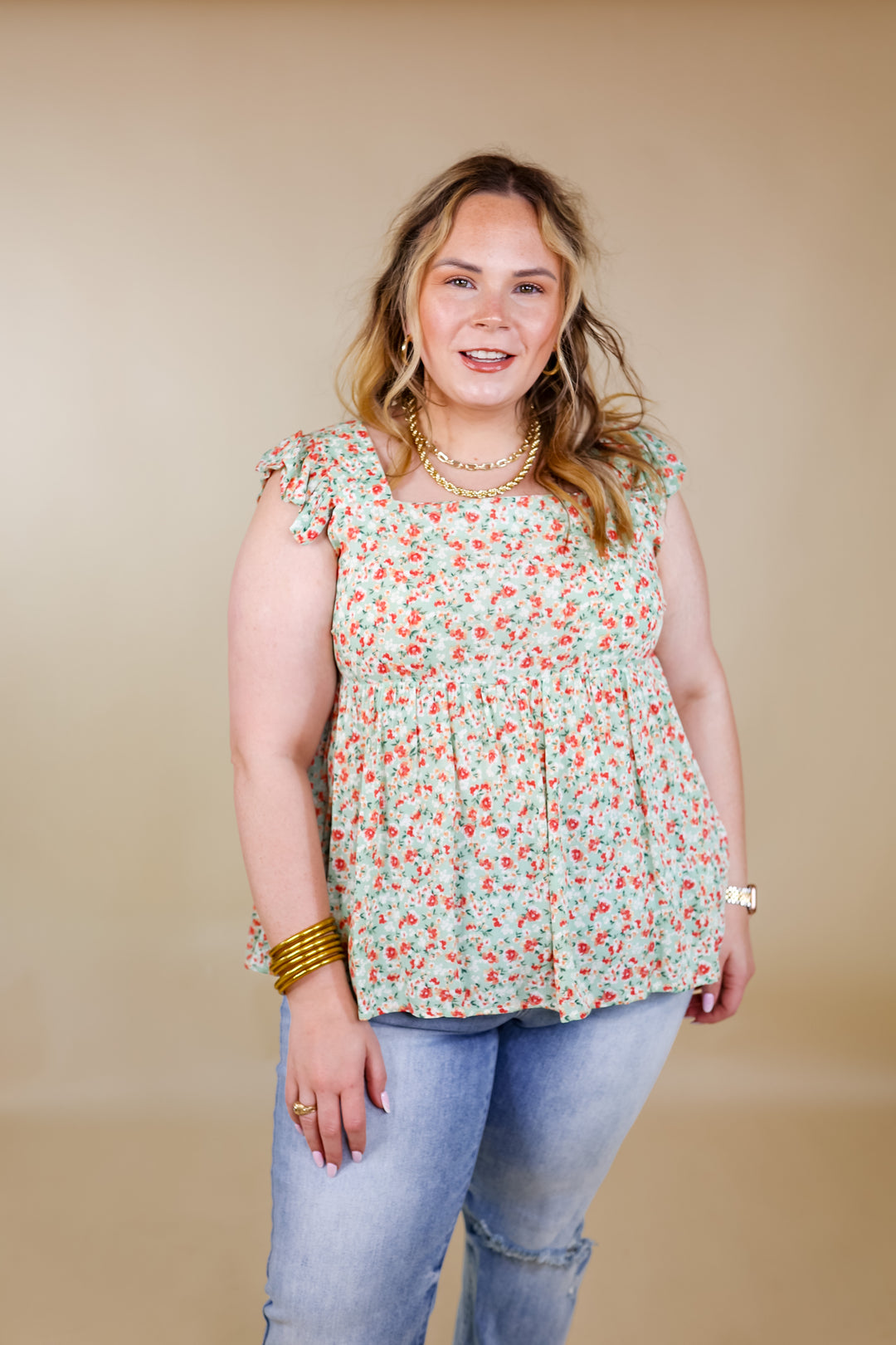 Magic Melody Floral Babydoll Tank Top in Light Sage Green - Giddy Up Glamour Boutique