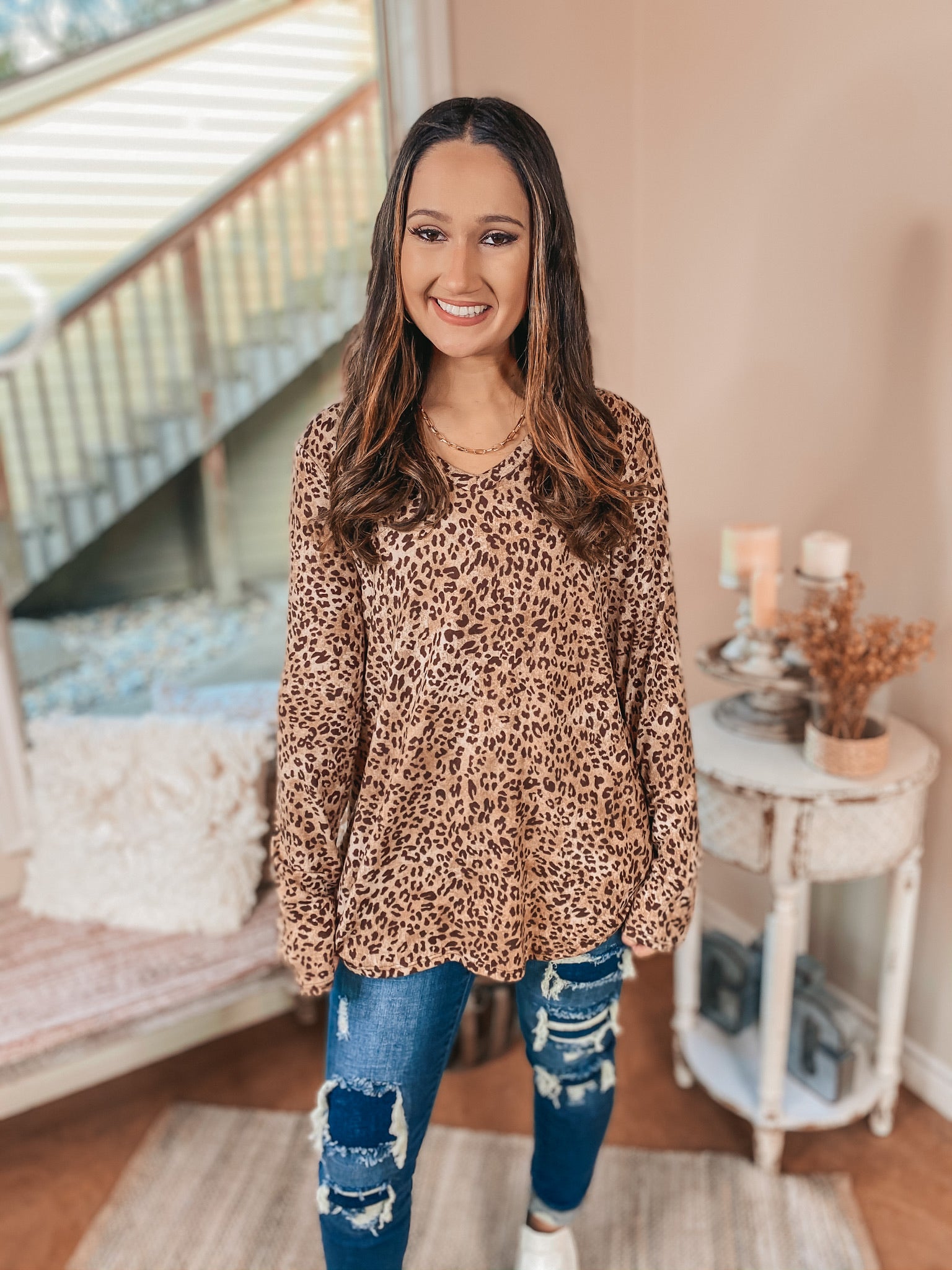 Keep Things Simple Long Sleeve V Neck Top in Washed Leopard - Giddy Up Glamour Boutique