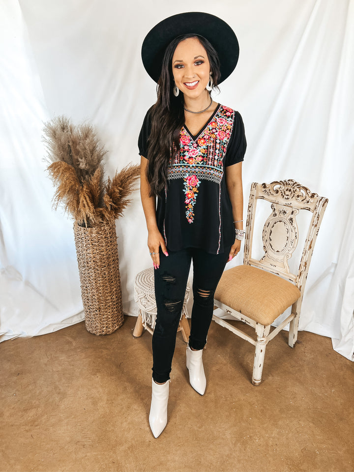Think About Me Embroidered V Neck Top with Short Sleeves in Black - Giddy Up Glamour Boutique