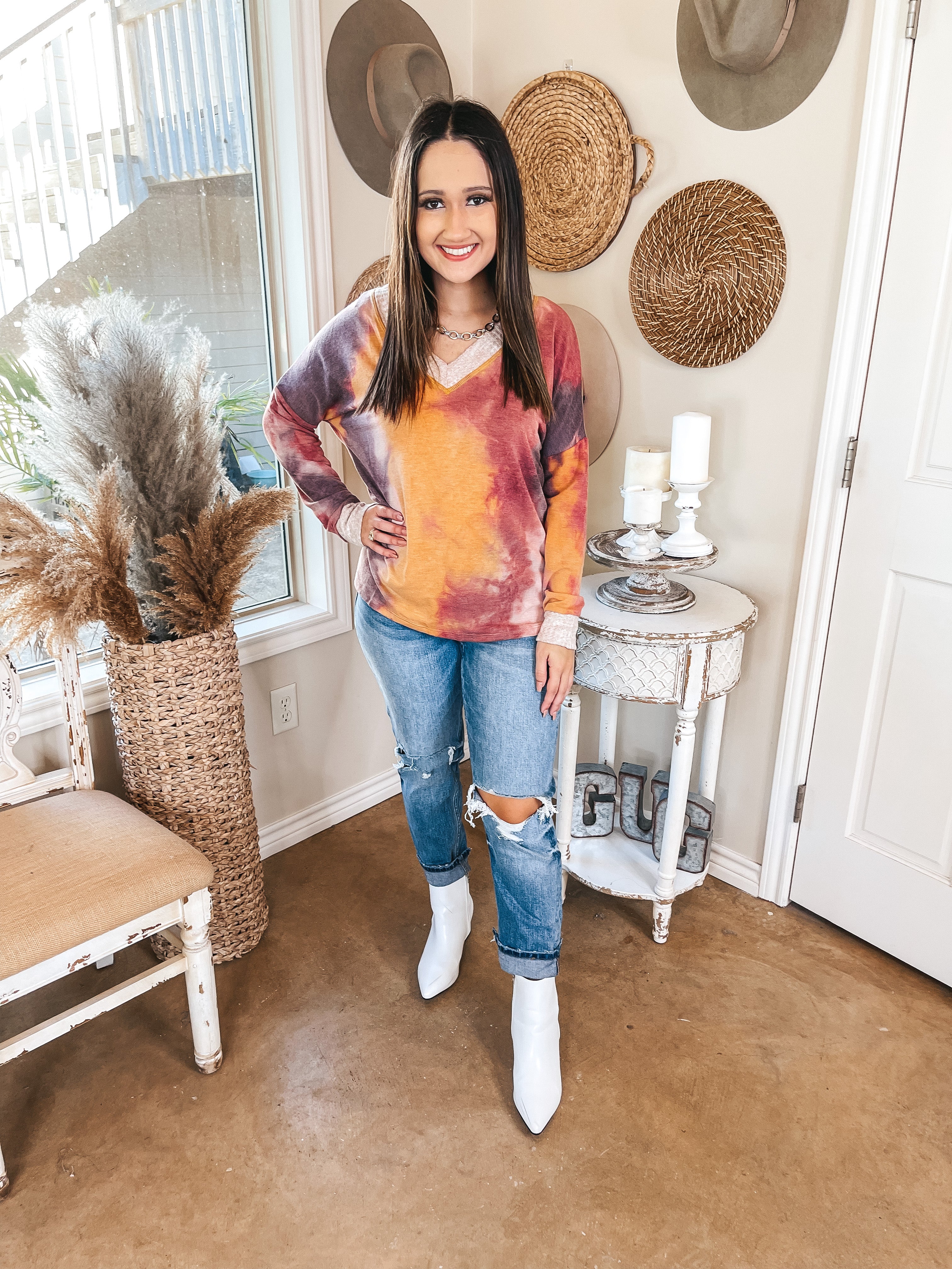 Last Chance Size Small | Stay and Chat Waffle Knit Trim Tie Dye Top in Mustard and Purple - Giddy Up Glamour Boutique
