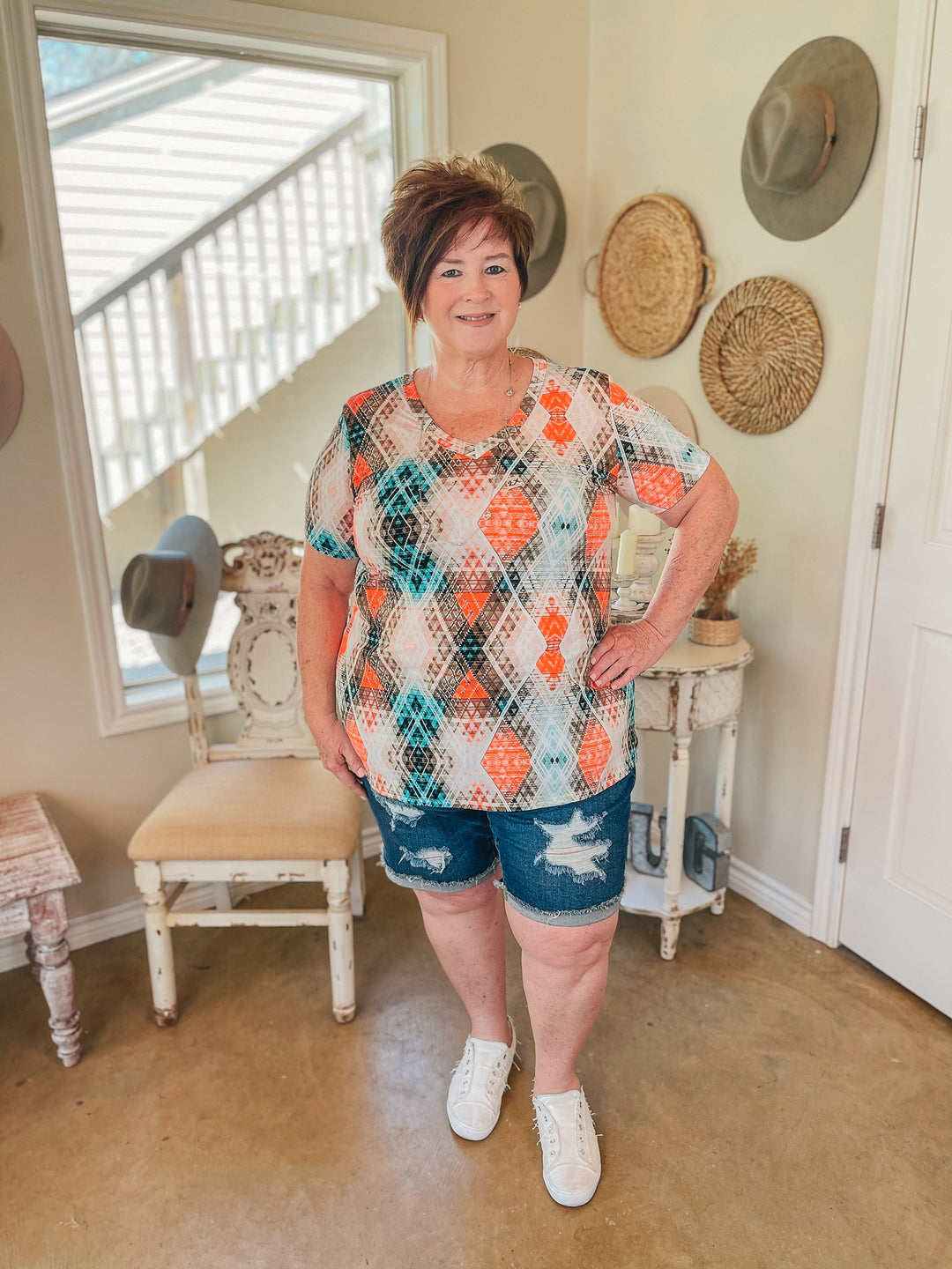 Last Chance Small | Keep Things Simple Aztec V Neck Tee in Mint and Orange - Giddy Up Glamour Boutique