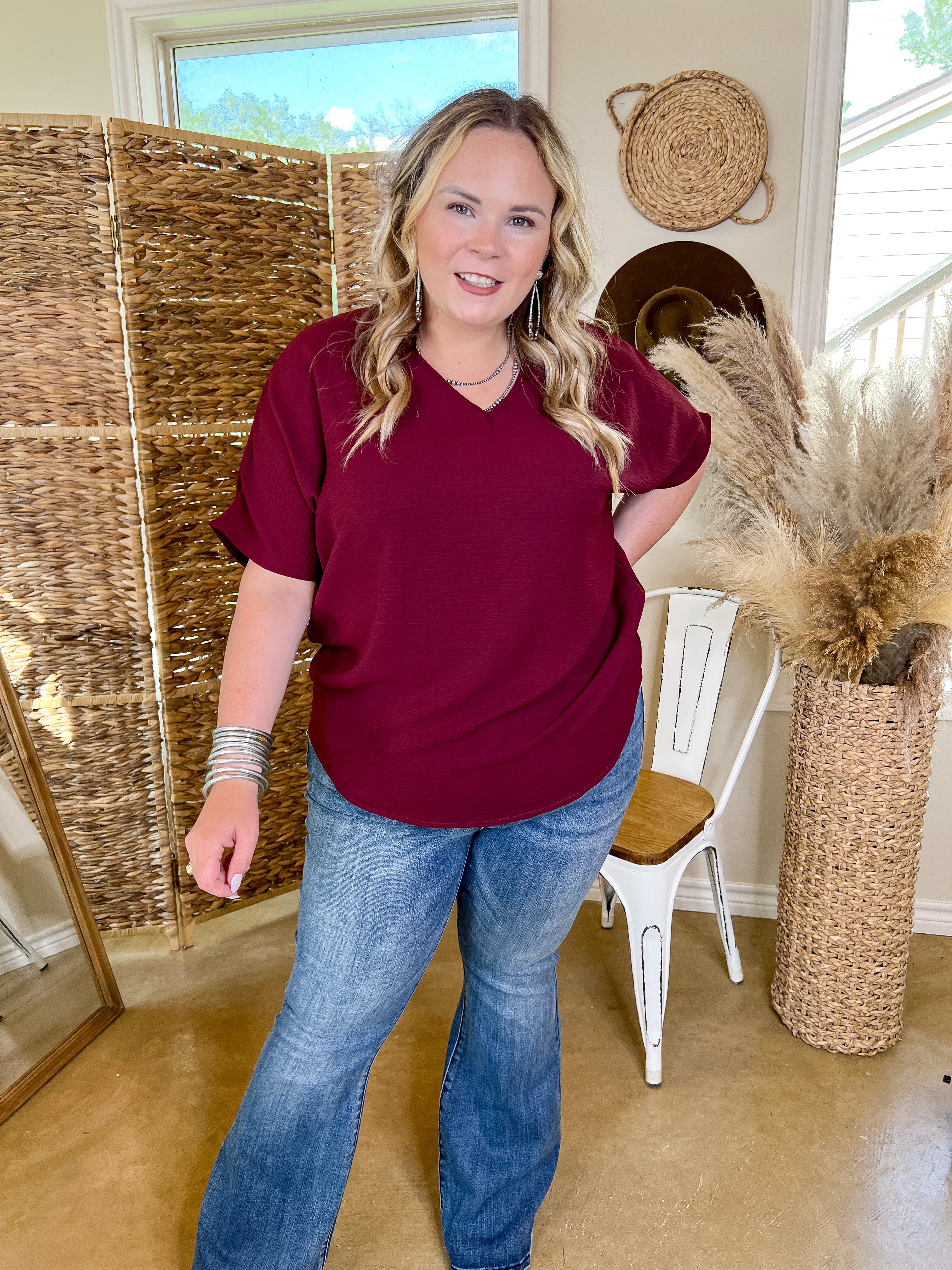 Lovely Dear V Neck Short Sleeve Solid Top in Maroon - Giddy Up Glamour Boutique