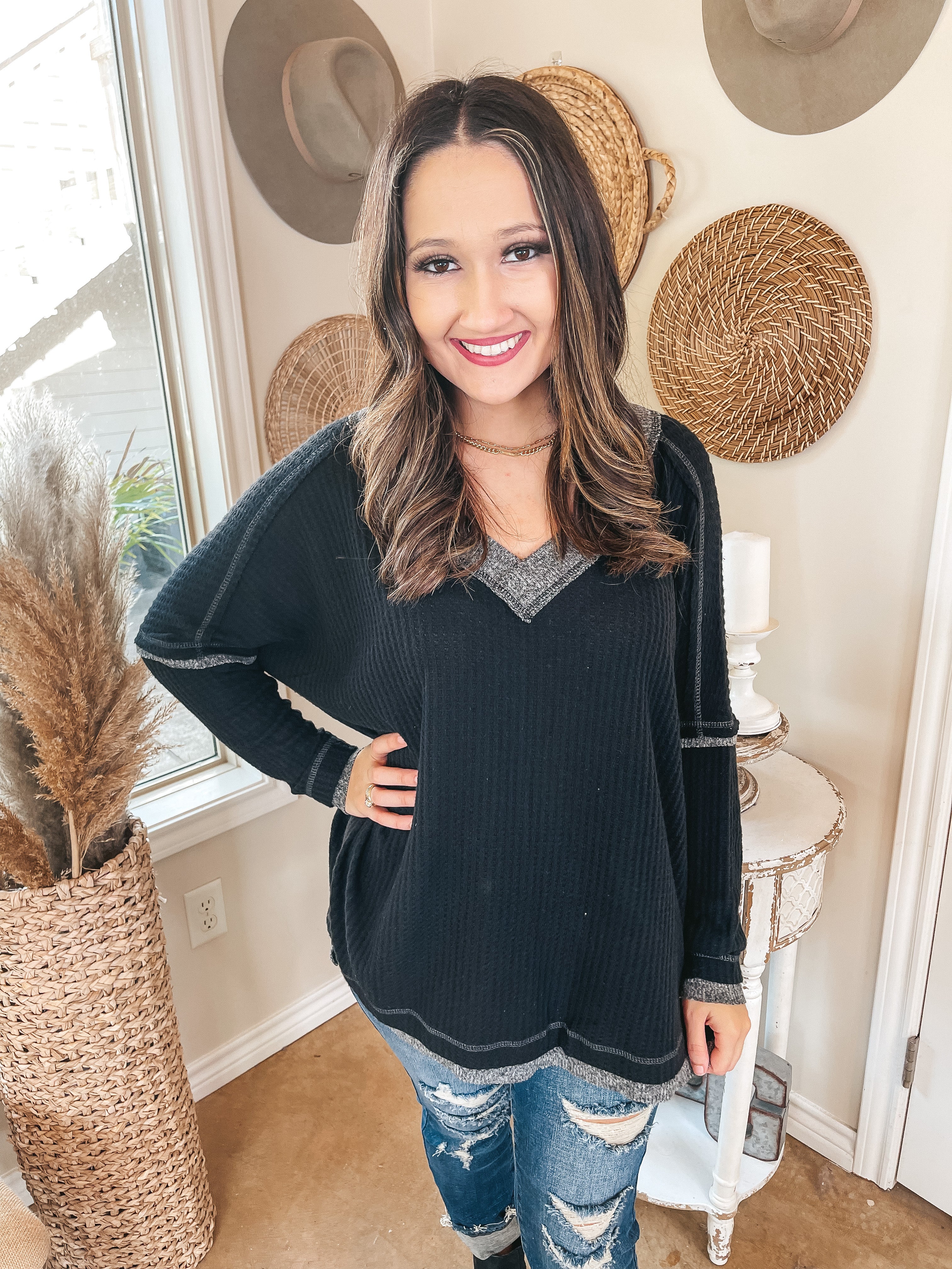 Seasonal Shift Waffle Knit Long Sleeve Shift Top in Black - Giddy Up Glamour Boutique