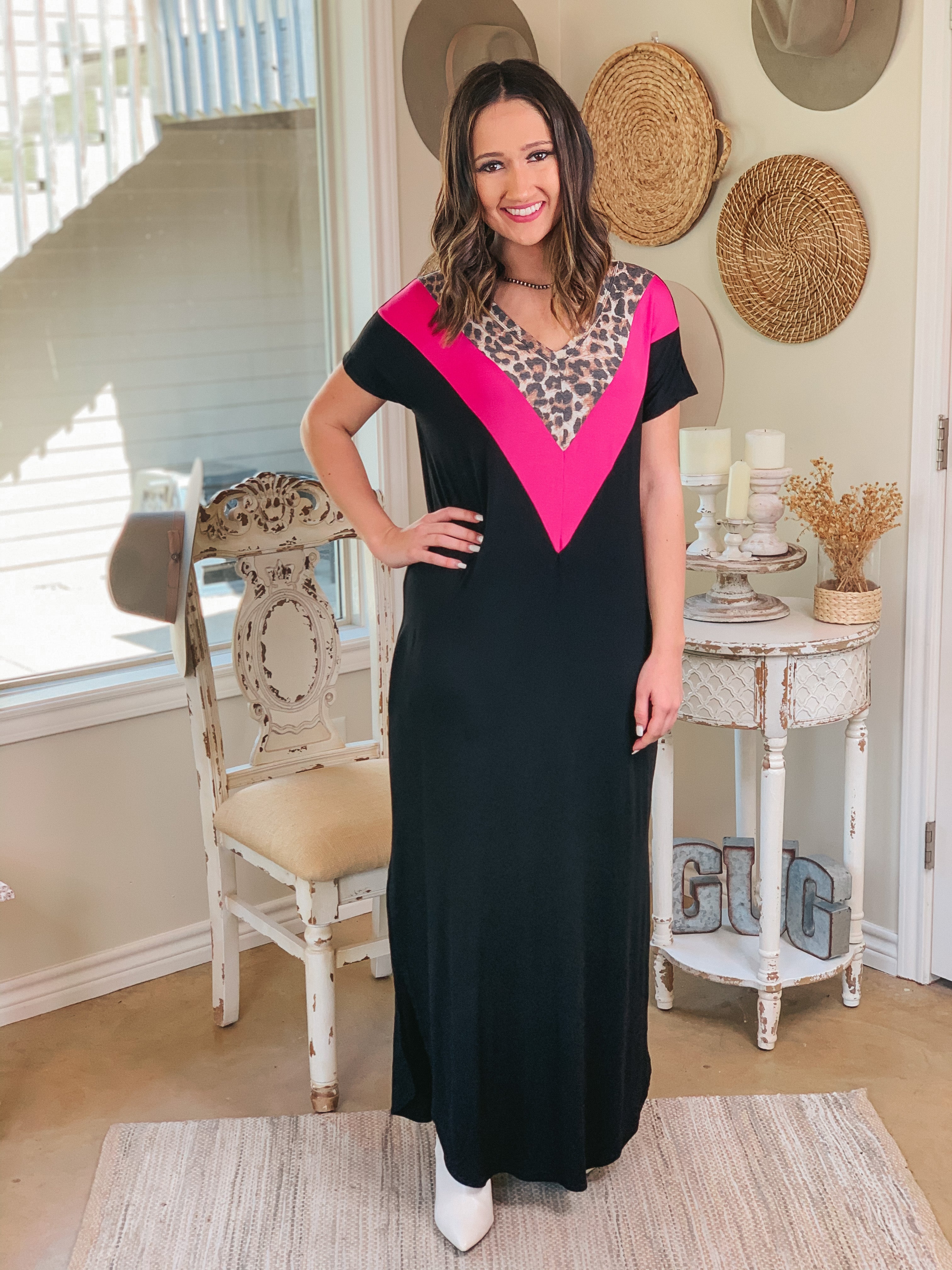 A Wild Time Leopard and Fuchsia V Neck Accent Maxi Dress in Black - Giddy Up Glamour Boutique