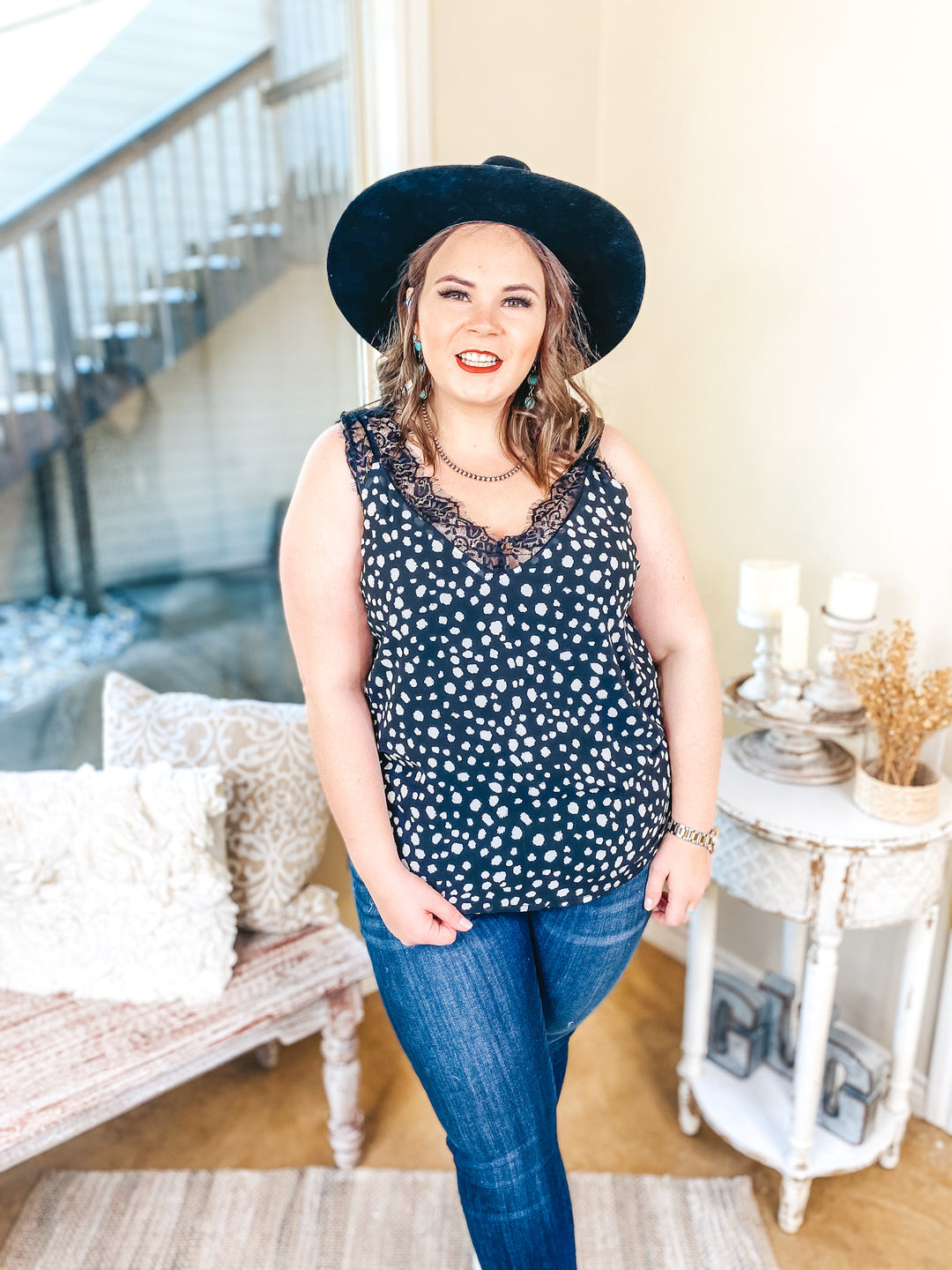 On Replay Dotted Camisole with Lace Sleeves in Black - Giddy Up Glamour Boutique