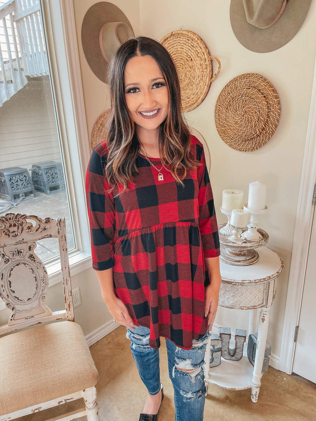 As You Wish Buffalo Plaid Baby Doll Top in Red - Giddy Up Glamour Boutique