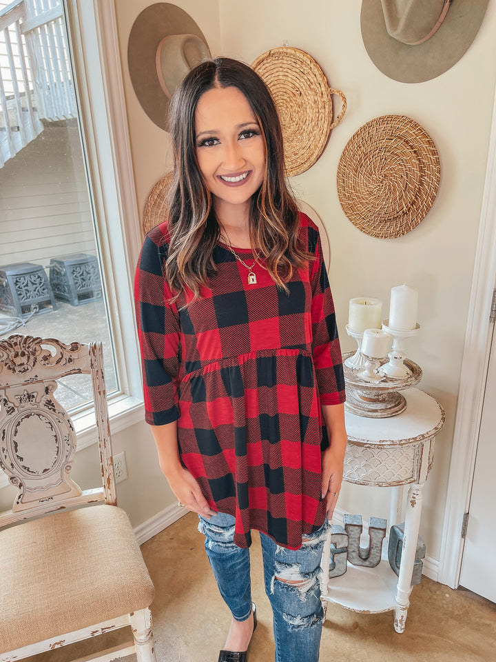 As You Wish Buffalo Plaid Baby Doll Top in Red - Giddy Up Glamour Boutique