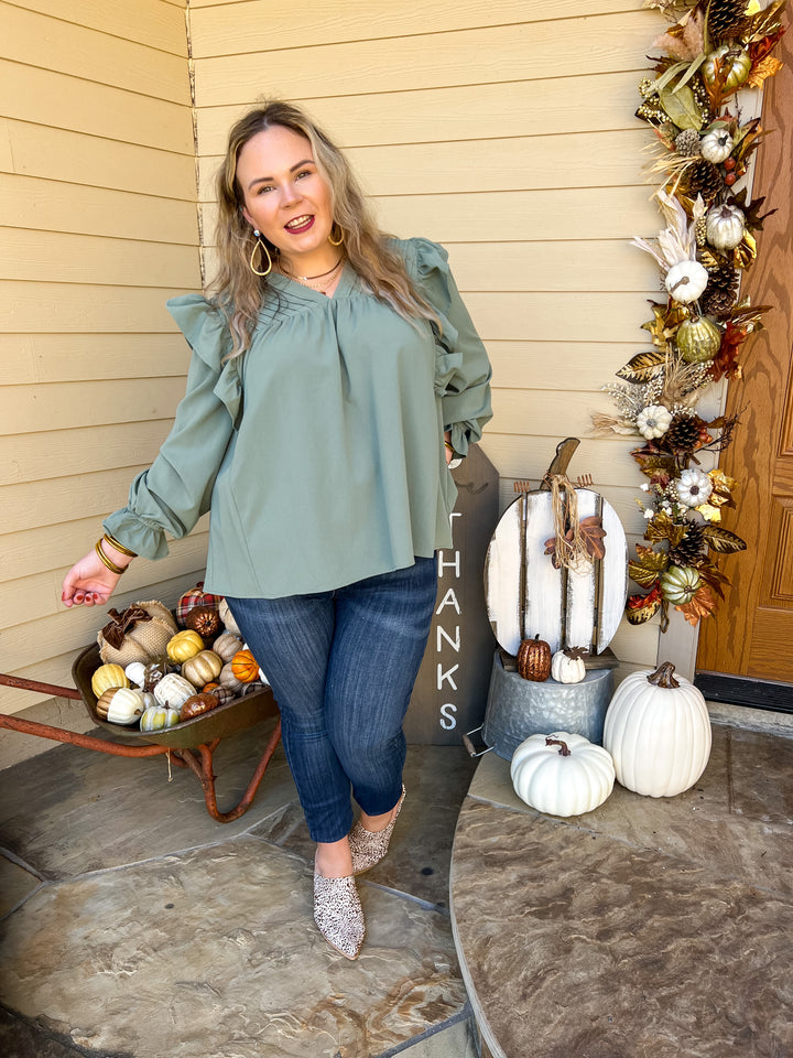 Coffee Perks Ruffle Detail Long Sleeve Top in Sage Green - Giddy Up Glamour Boutique