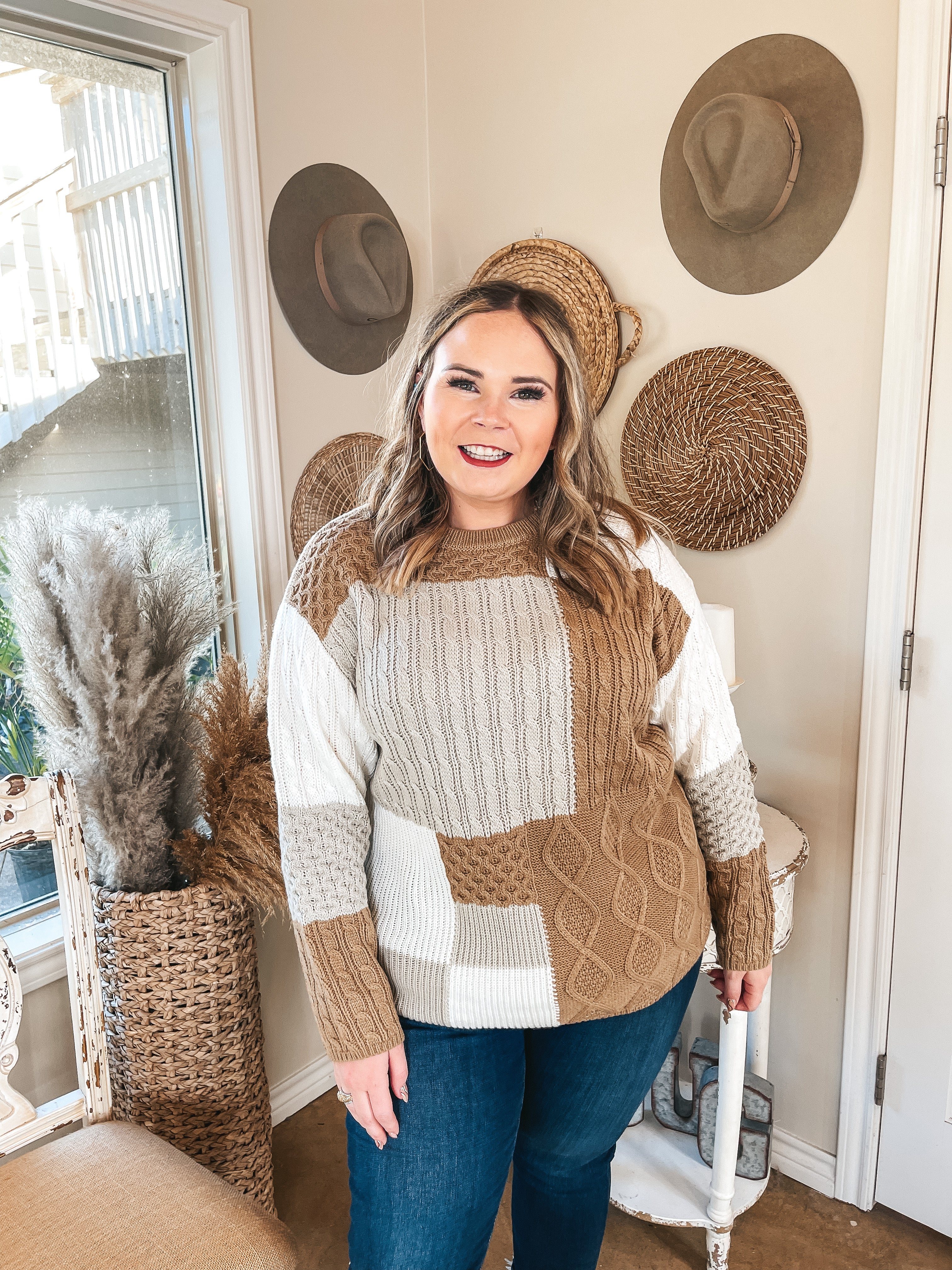 Frozen Lake Mix Knit Color Block Sweater in Ivory, Tan, and Grey - Giddy Up Glamour Boutique