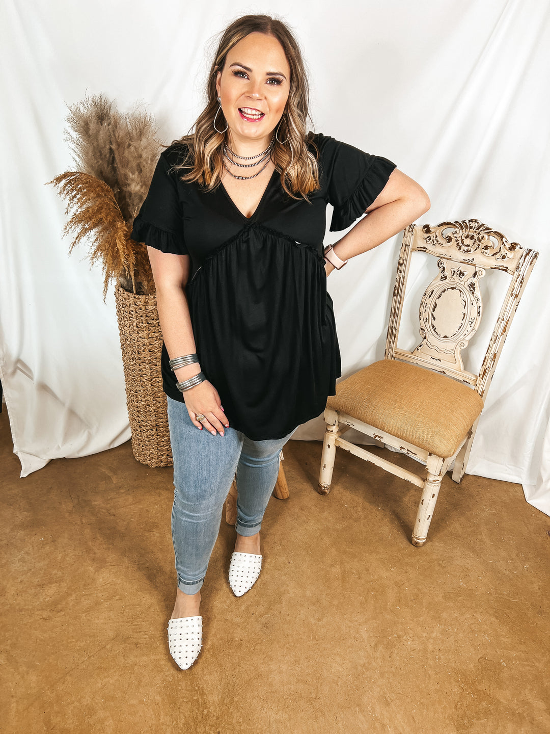 Upon Request Ruffle Detailed Short Sleeve Babydoll Top in Black - Giddy Up Glamour Boutique