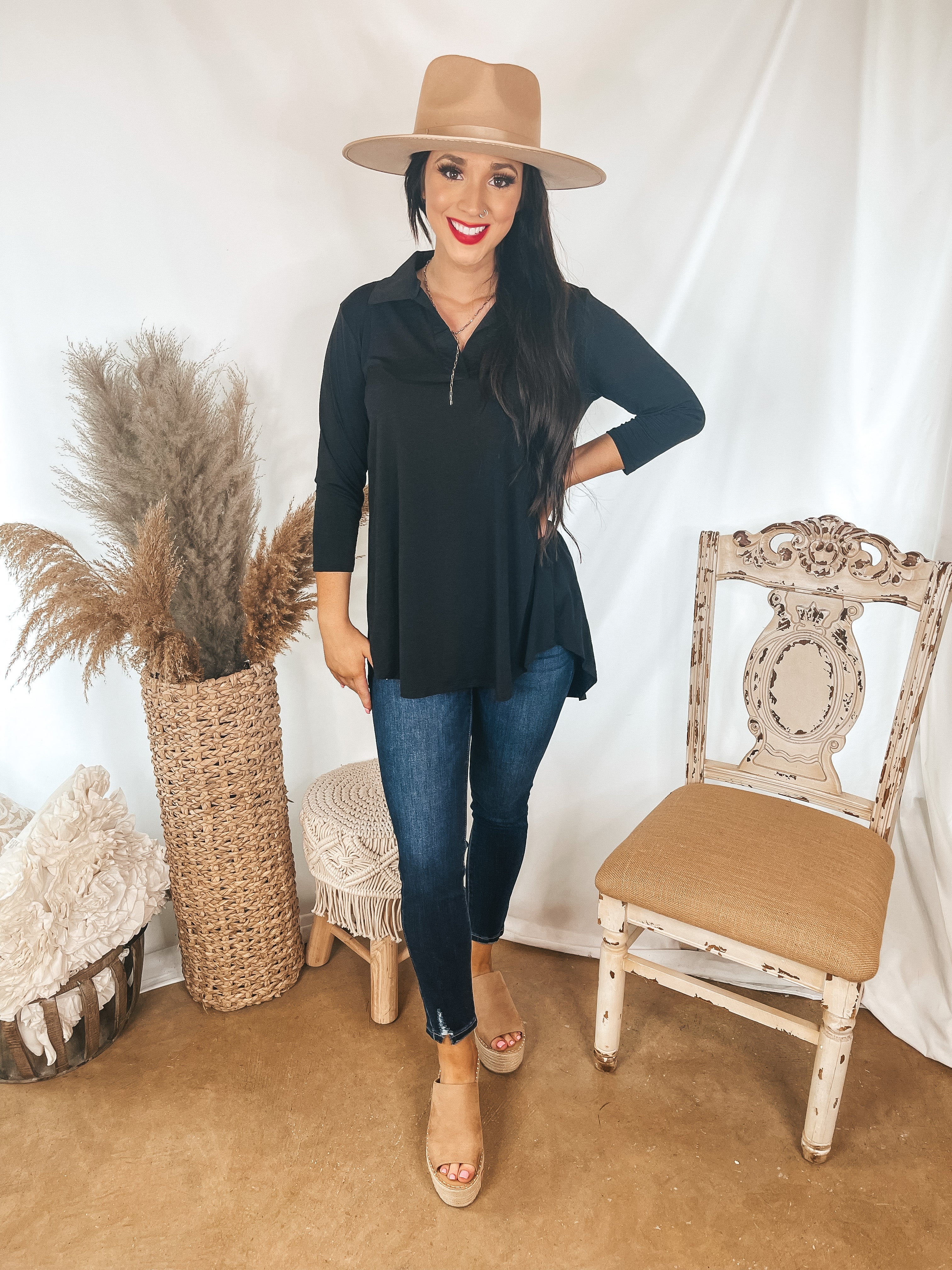 Scenic Route Solid Collared Tunic Top in Black - Giddy Up Glamour Boutique