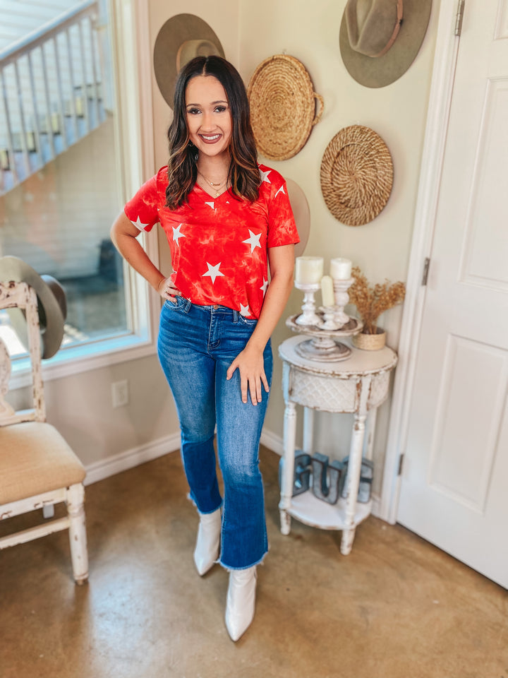 Keep Things Simple Tie Dye with Stars V Neck Tee in Red - Giddy Up Glamour Boutique