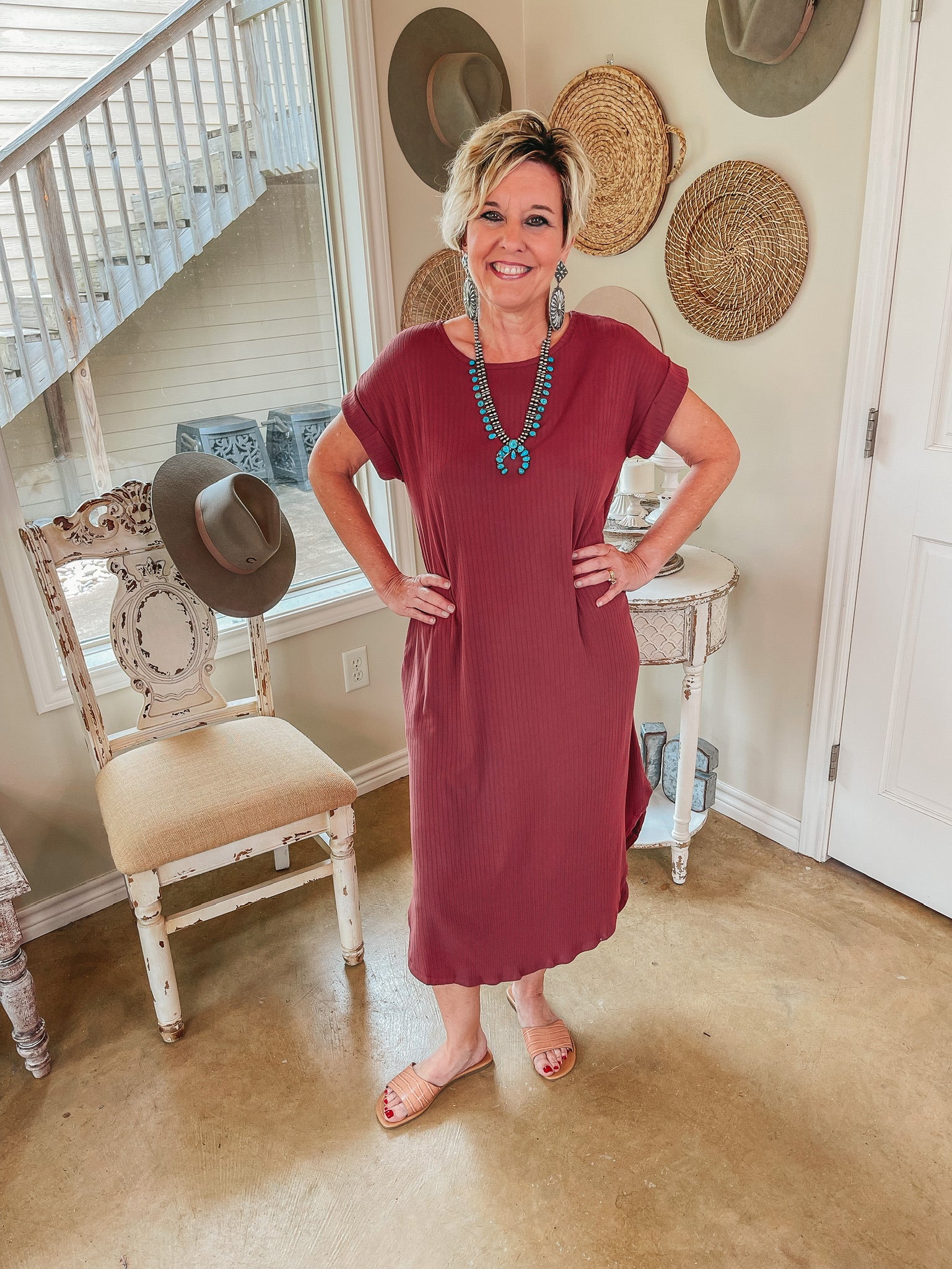 Chill Looks Short Sleeve Ribbed Midi Dress in Marsala - Giddy Up Glamour Boutique