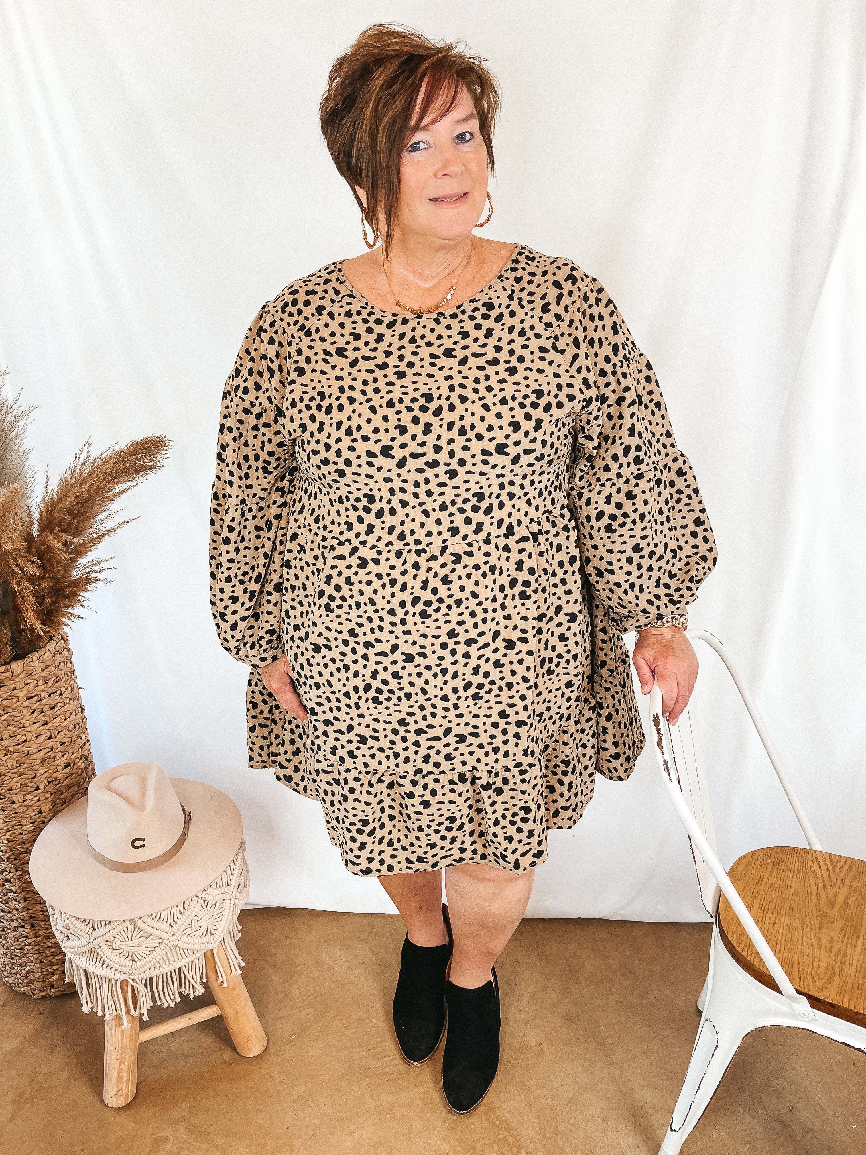 Just Like Magic Dotted Babydoll Dress with Balloon Sleeves in Taupe - Giddy Up Glamour Boutique