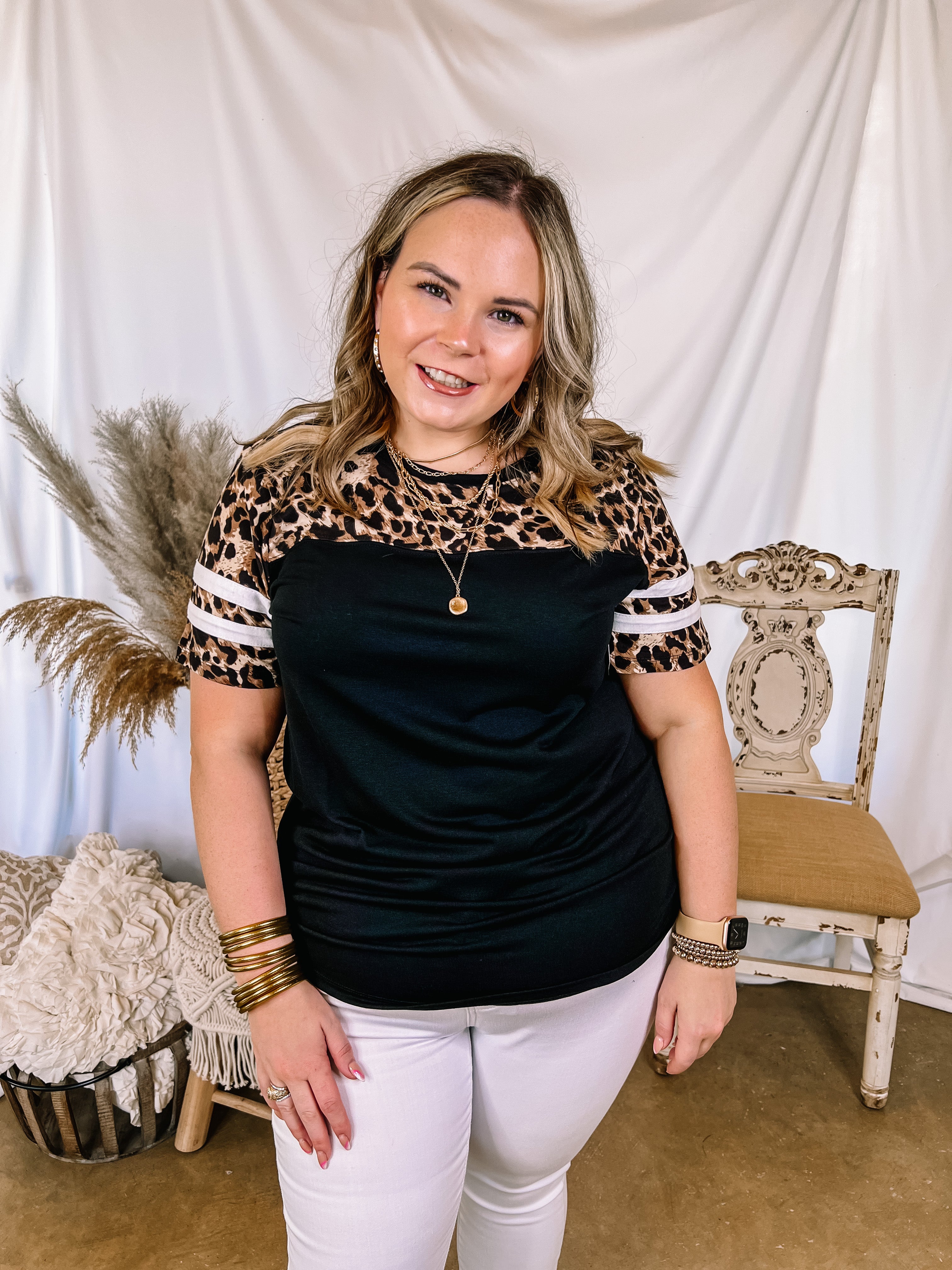 Surprise Me Varsity Stripe Sleeve Top with Leopard Print Upper in Black - Giddy Up Glamour Boutique