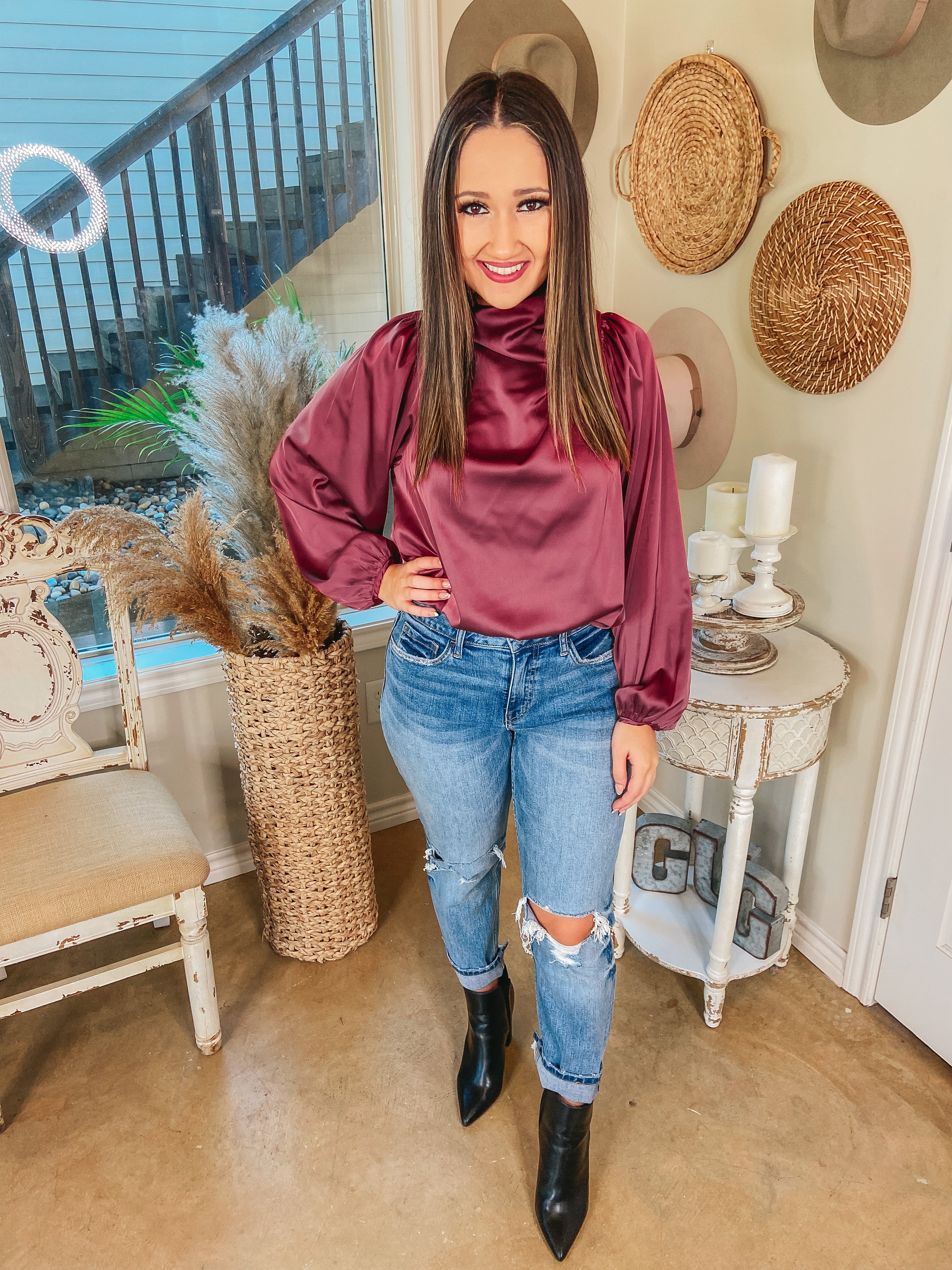 Afternoon in Asheville High Cowl Neck Long Sleeve Satin Blouse in Maroon - Giddy Up Glamour Boutique