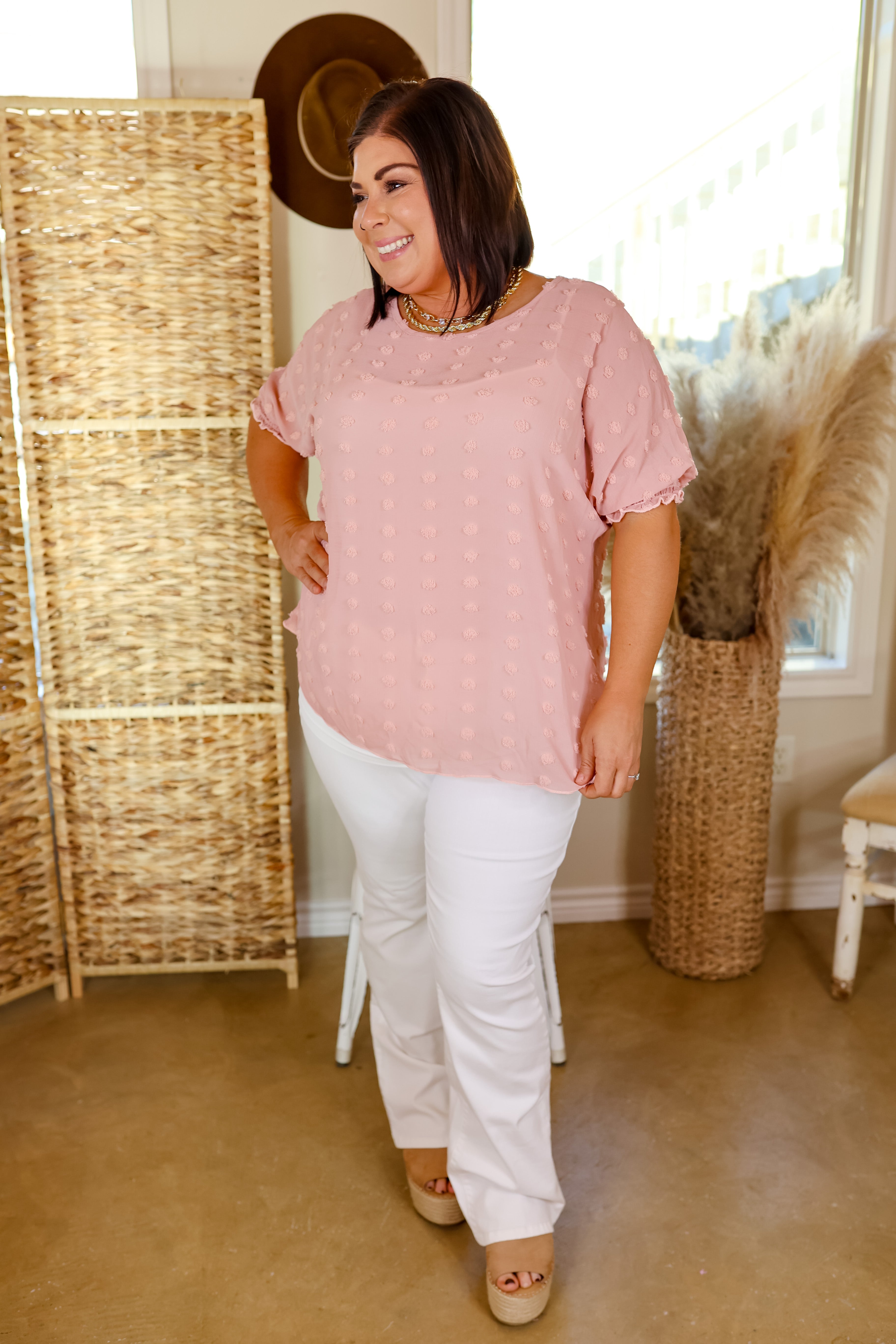 Changemaker Swiss Dot Top with Half Sleeves in Blush Pink - Giddy Up Glamour Boutique