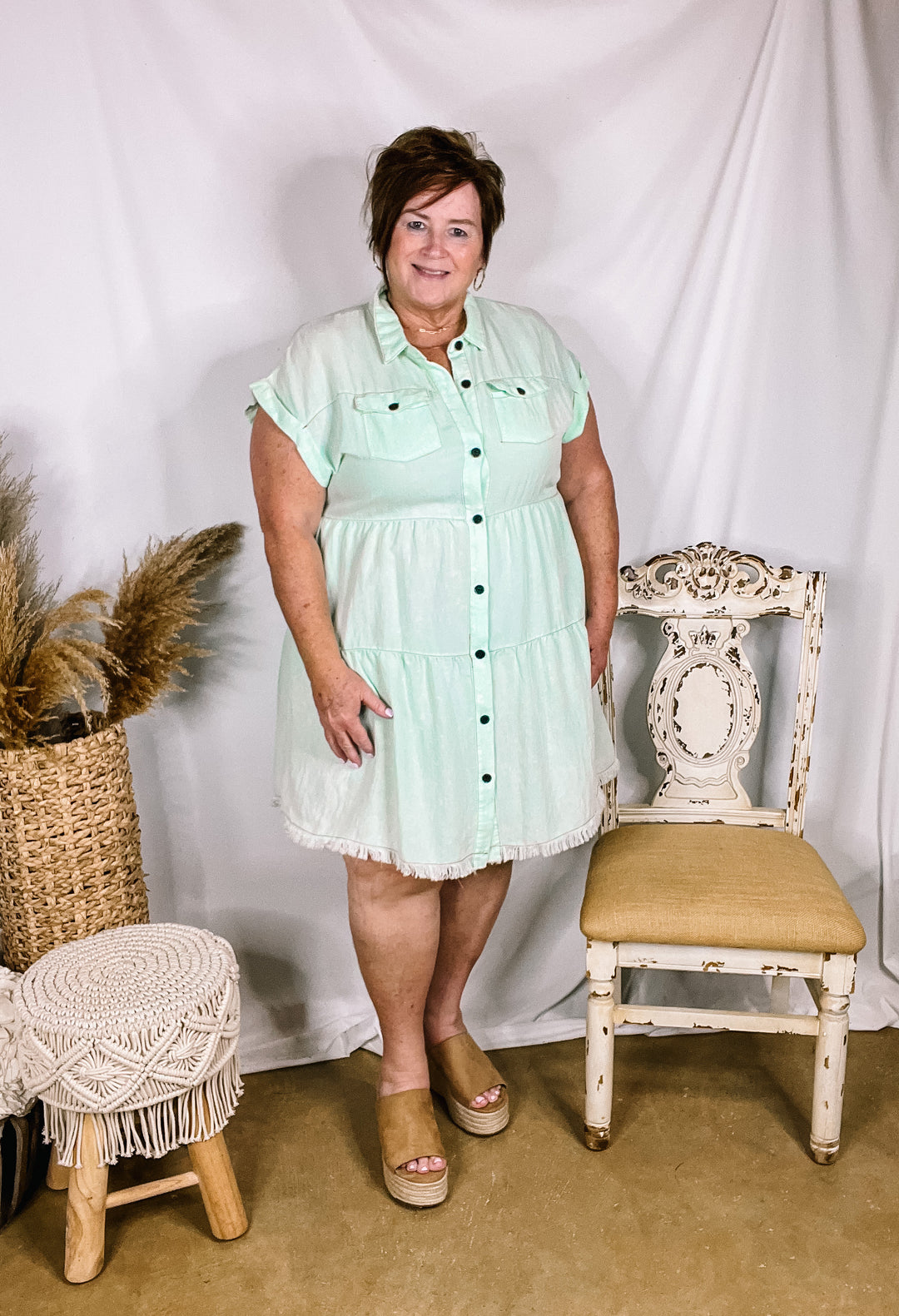 Oh Darling Ruffle Tiered Button Up Dress in Mint Green - Giddy Up Glamour Boutique