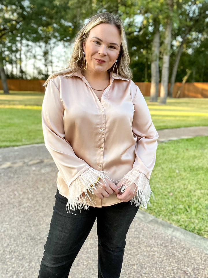 Take a Chance Satin Button Up Top with Feather Trim Long Sleeves in Champagne - Giddy Up Glamour Boutique