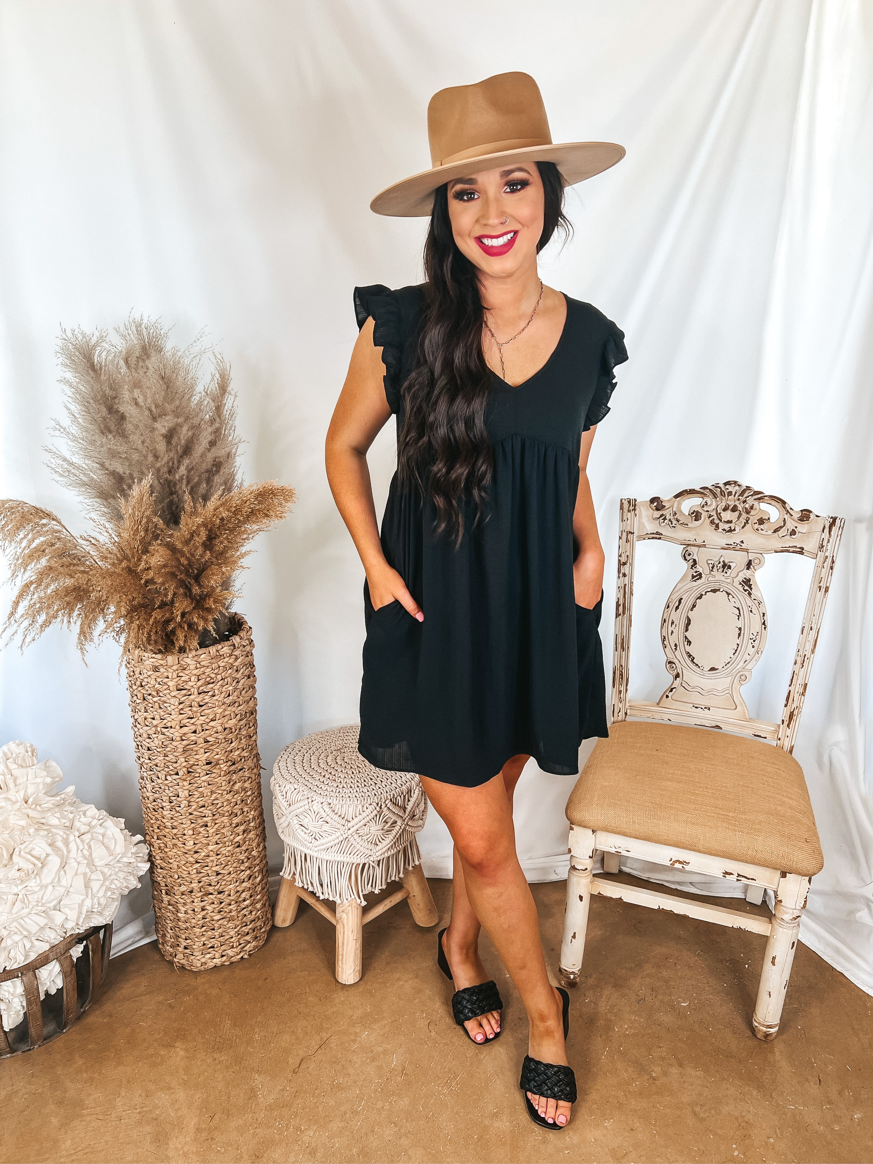 Capture Your Attention V Neck Dress with Ruffle Cap Sleeves in Black - Giddy Up Glamour Boutique
