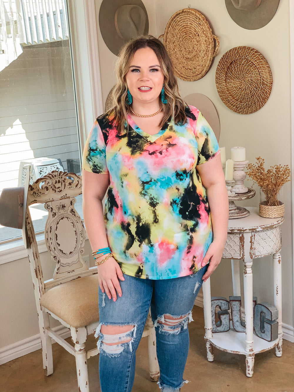 Last Chance Size Small | Keep Things Simple Tie Dye V Neck Tee in Black Multi - Giddy Up Glamour Boutique
