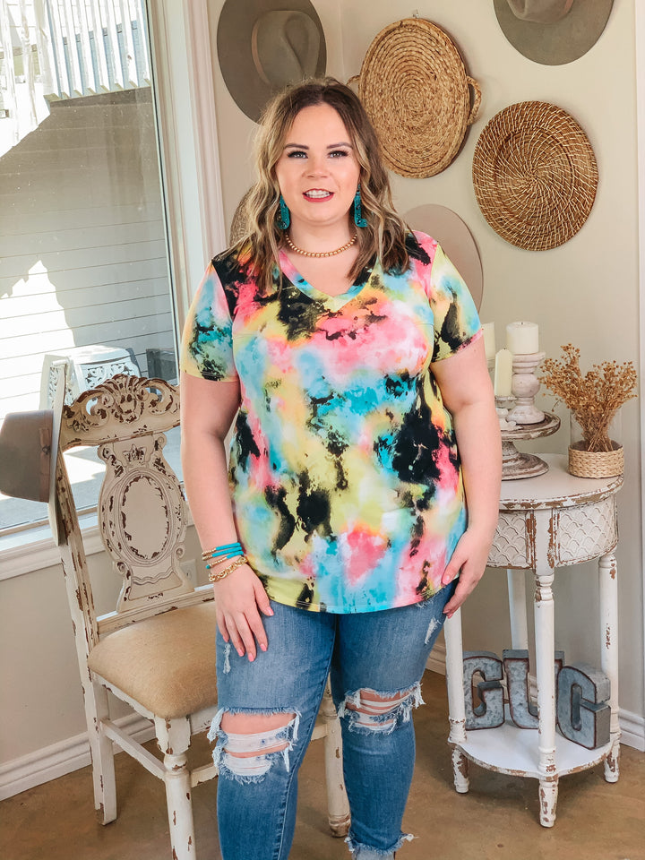 Last Chance Size Small | Keep Things Simple Tie Dye V Neck Tee in Black Multi - Giddy Up Glamour Boutique