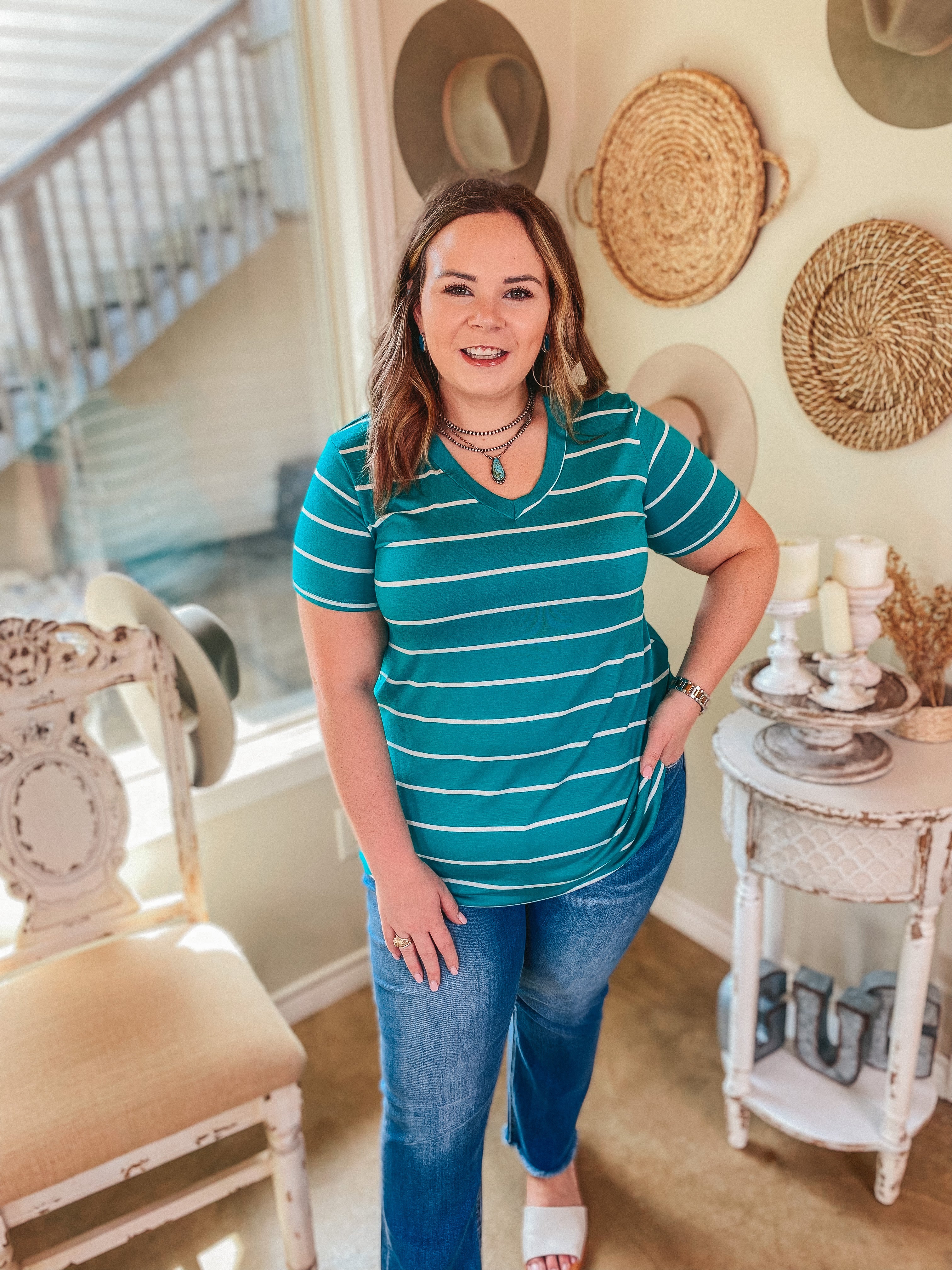 Keep Things Casual Striped V Neck Tee in Teal - Giddy Up Glamour Boutique
