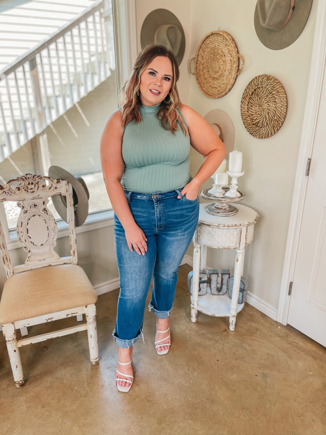 Take Me Somewhere High Neck Ribbed Tank Top in Sage Green - Giddy Up Glamour Boutique