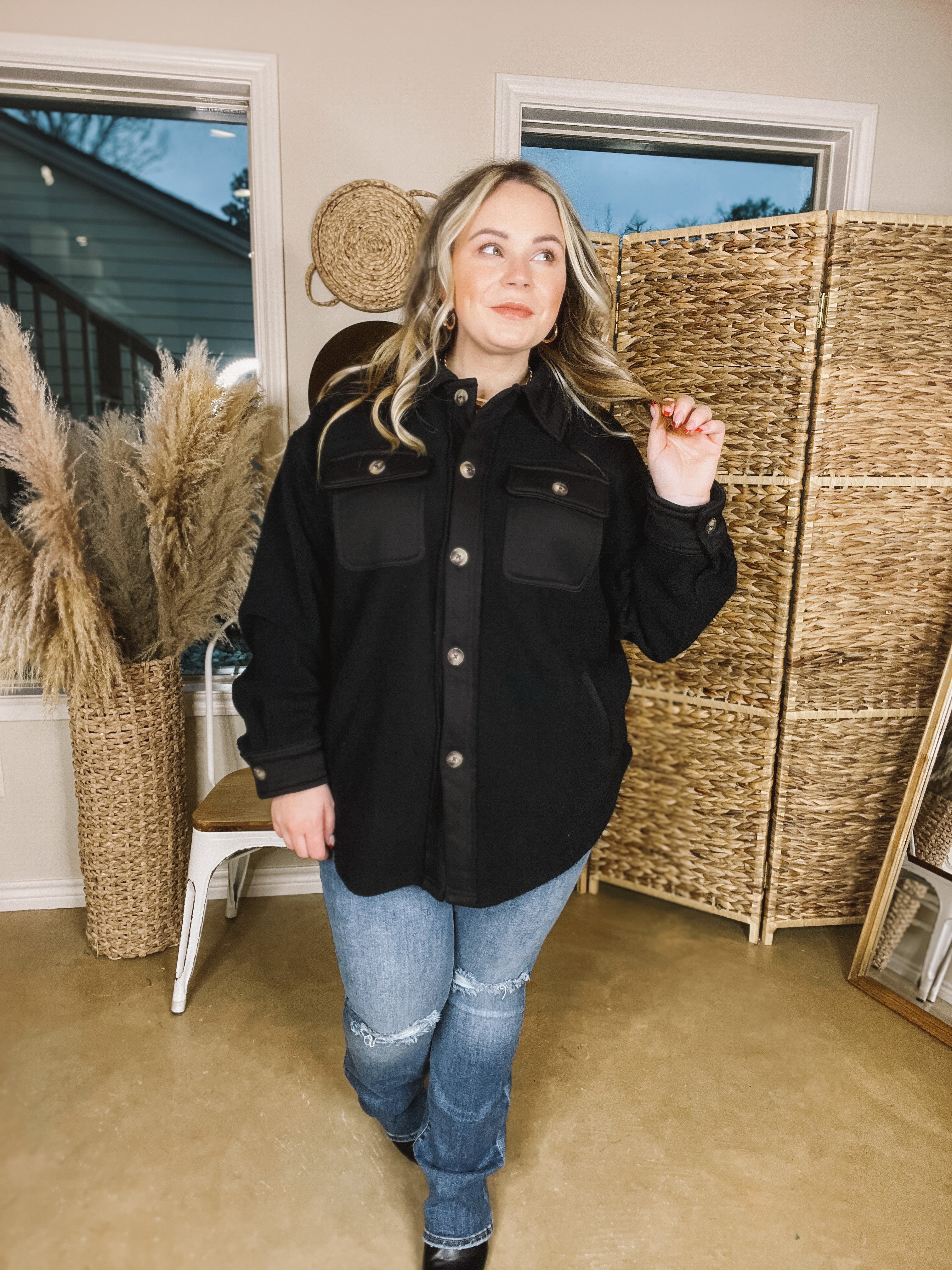 Hollywood Hike Button Up Fleece Jacket with Pockets in Black - Giddy Up Glamour Boutique
