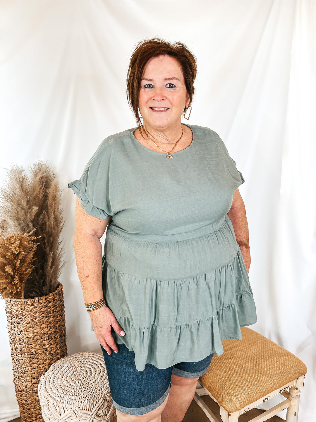 Belong To You Tiered Top with Ruffle Cap Sleeves in Sage Green - Giddy Up Glamour Boutique