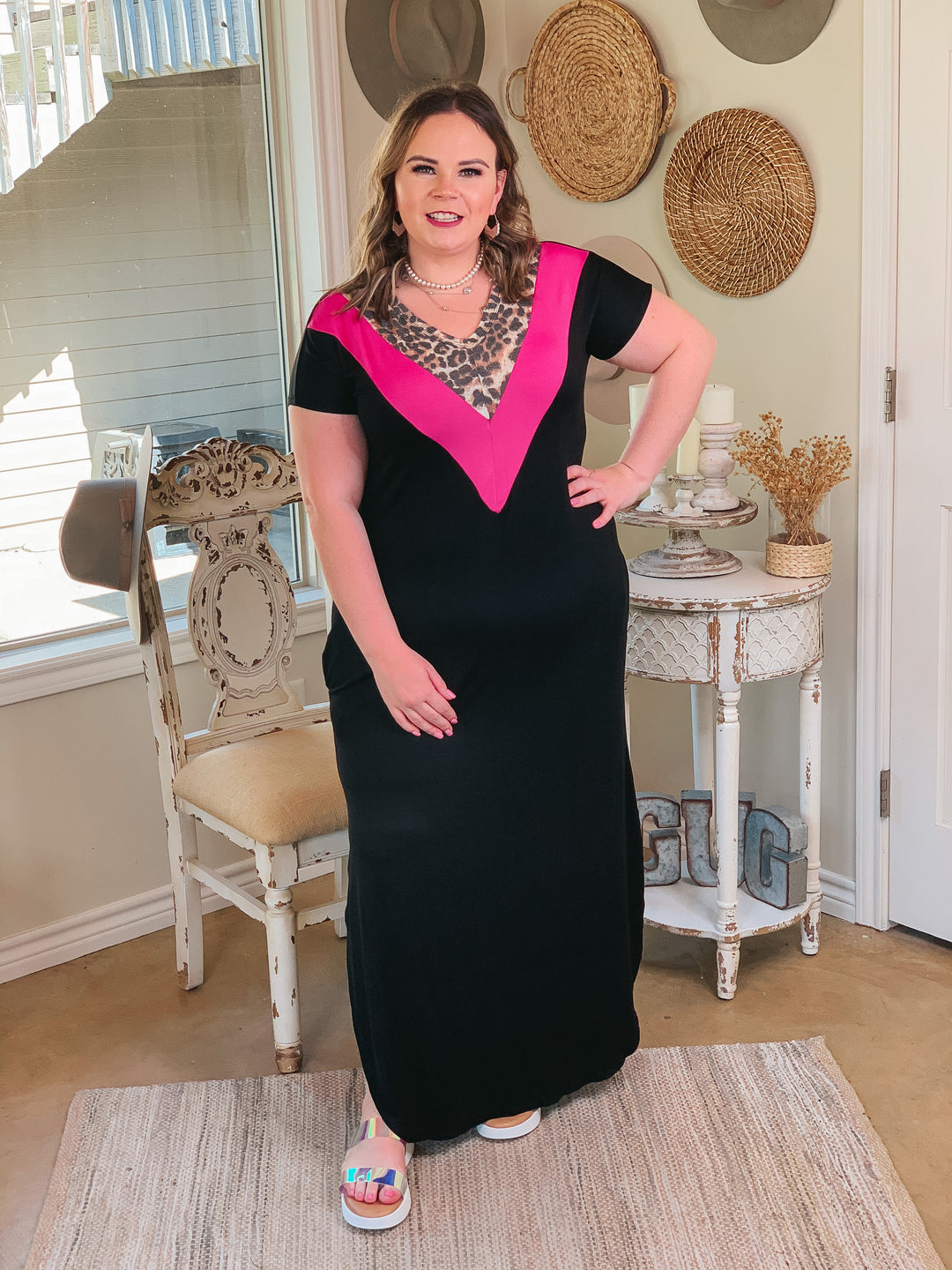 A Wild Time Leopard and Fuchsia V Neck Accent Maxi Dress in Black - Giddy Up Glamour Boutique